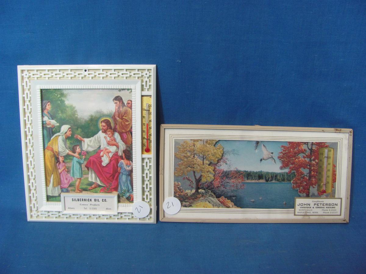 2 Vintage Advertising Pictures w/ Thermometers -Calendar on Back – John Peterson, Silbernick Oil Co.