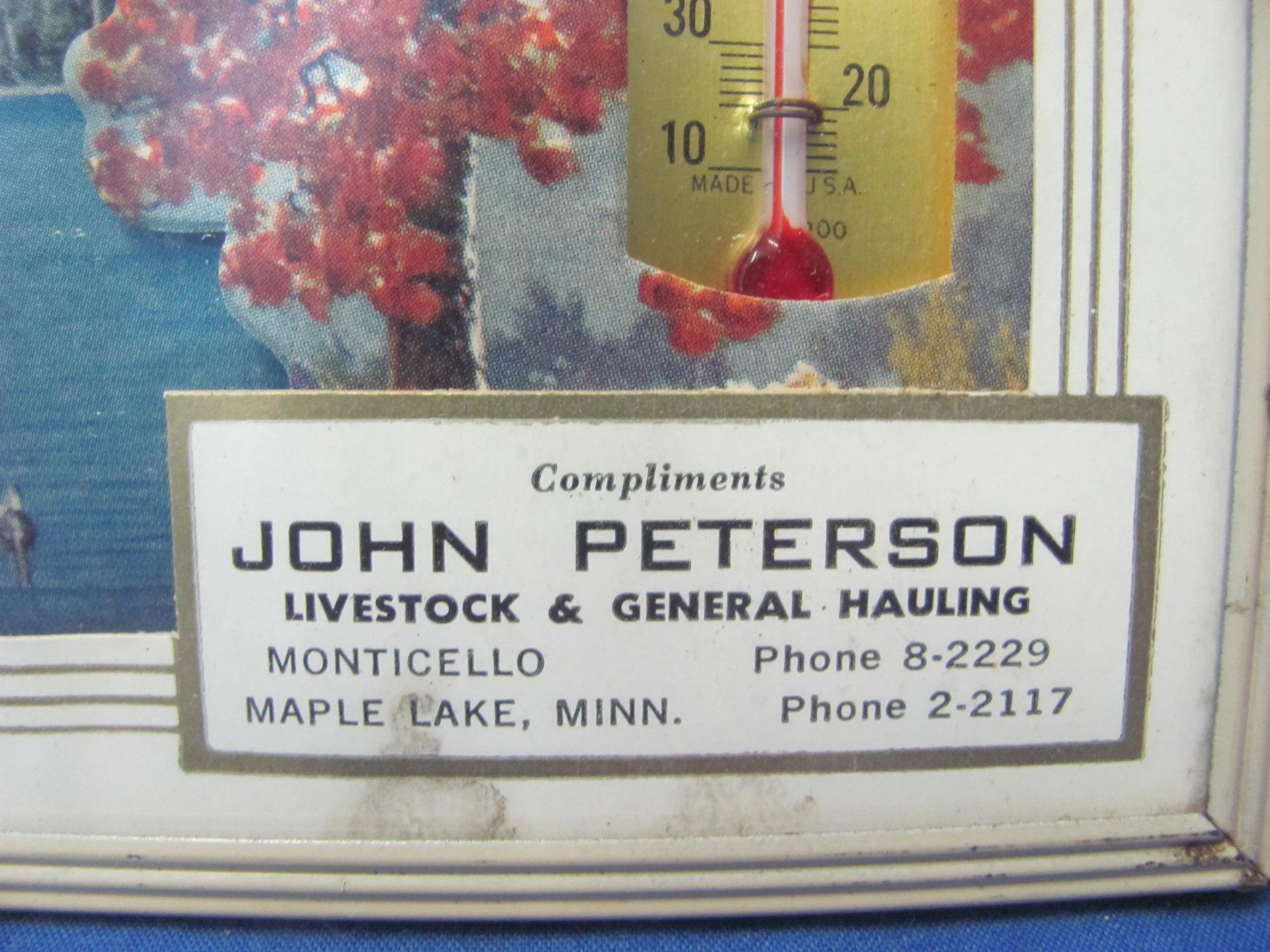 2 Vintage Advertising Pictures w/ Thermometers -Calendar on Back – John Peterson, Silbernick Oil Co.