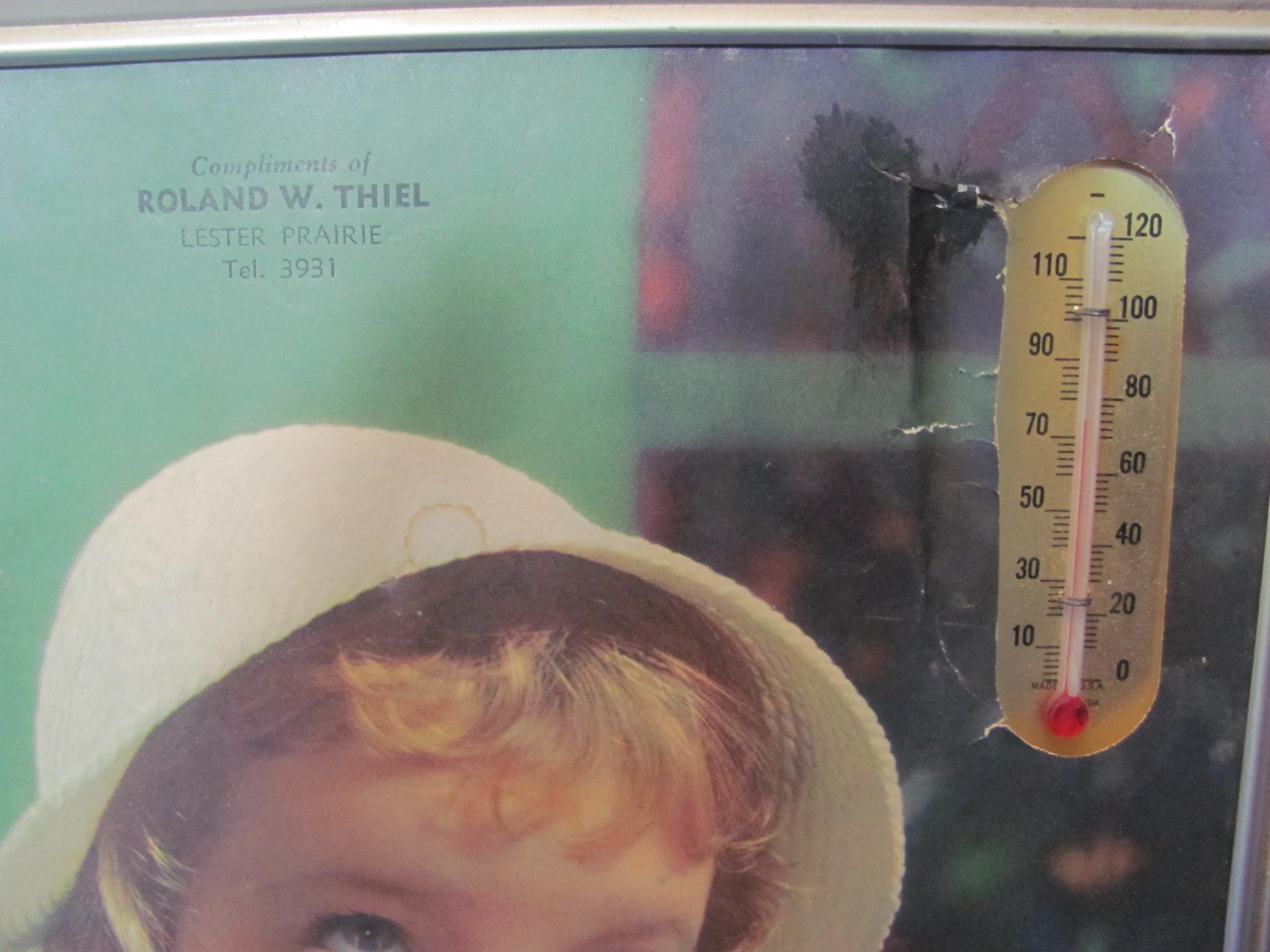 2 Vintage Advertising Pictures  1 has lost Thermometer – Nicollet County Bank & Roland W. Thiel Lest