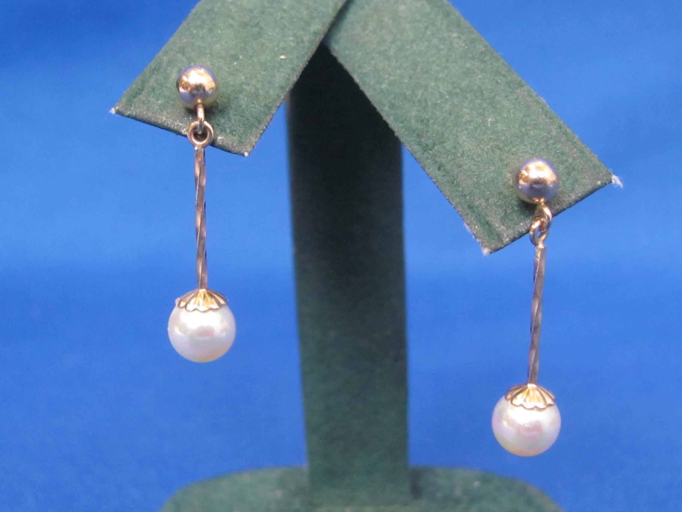 Pair of 14 Kt Gold & Pearl Earrings – Dangle 1” - Total weight is 1.6 grams