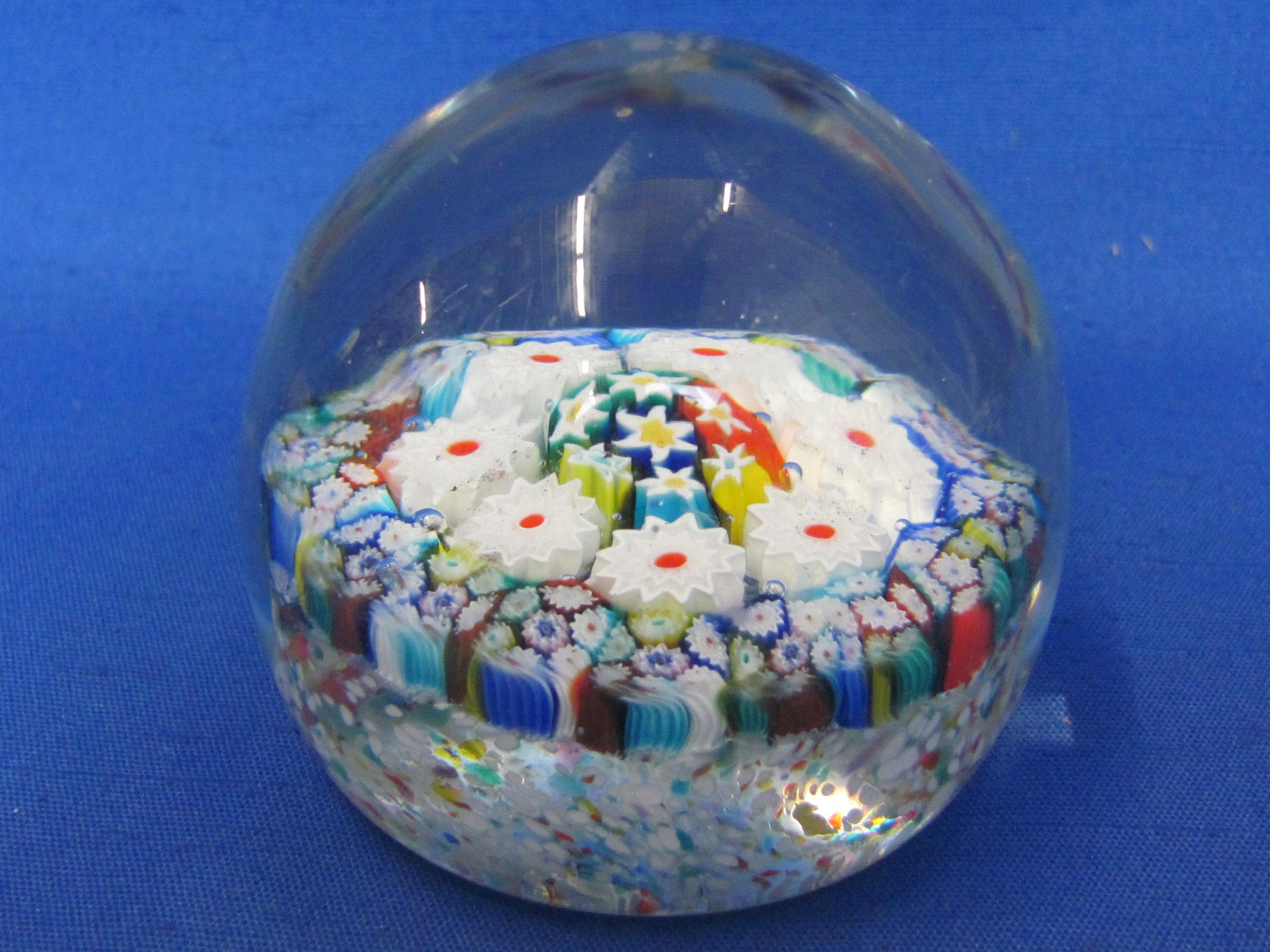 2 Glass Paperweights – Millifiori Style – Larger is 2 1/2” in diameter