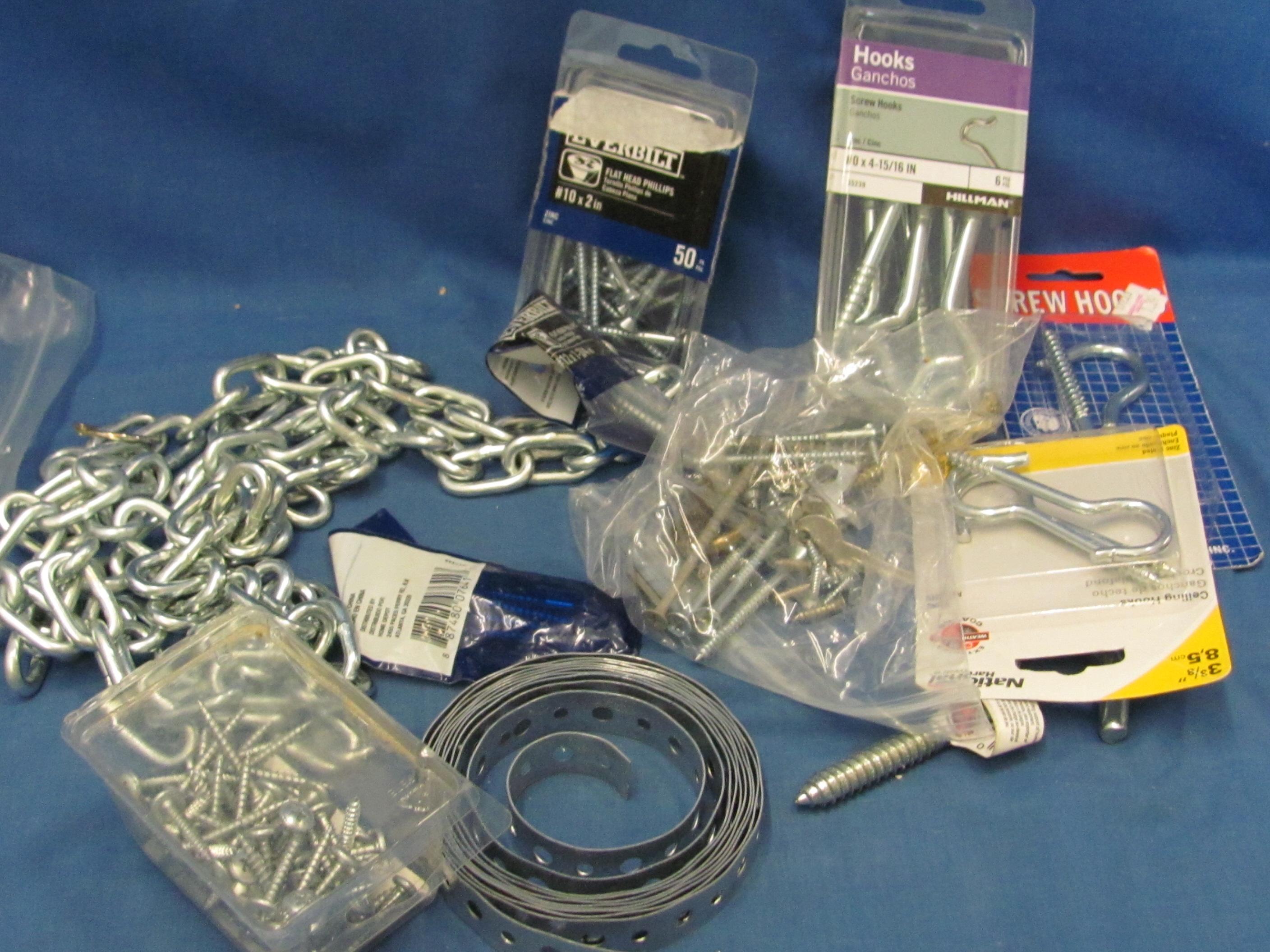 Hardware – Nails – Nuts & Bolts – Hooks – Chain – Lots Of Unused Items – 36 Pounds