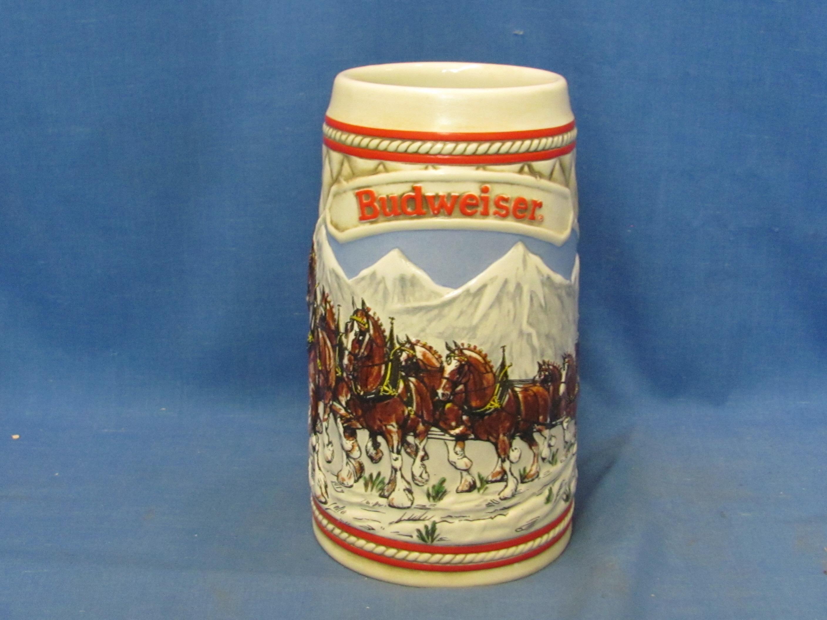 Budweiser Ceramic Mugs (3) – One Dated 1985 & 1991 – Tallest 7 1/8” T