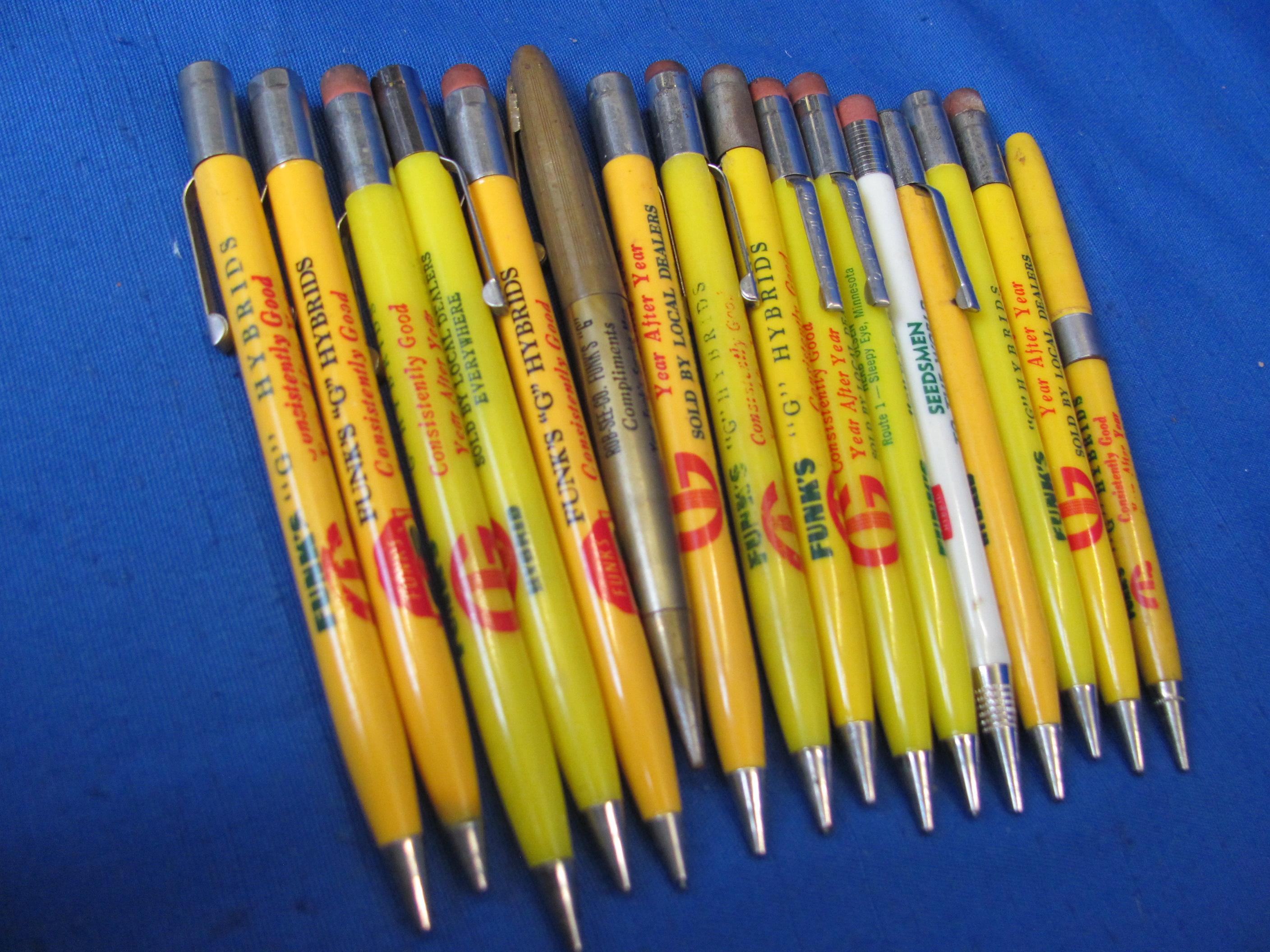 16 Funk's G Hybrid (Seed Corn) Mechanical Pencils – Most Yellow, one White & a Golden one Plastic