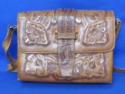 Vintage Tooled Leather Purse – Floral Design – About 8 1/2” x 6 1/2” - Straps need buckle