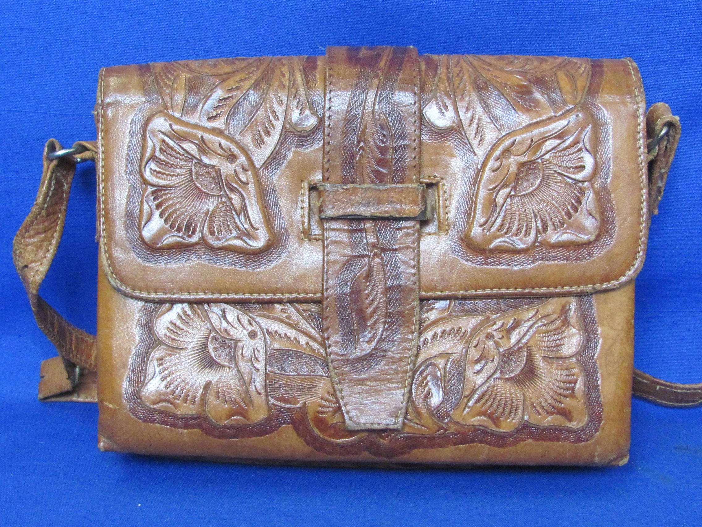 Vintage Tooled Leather Purse – Floral Design – About 8 1/2” x 6 1/2” - Straps need buckle