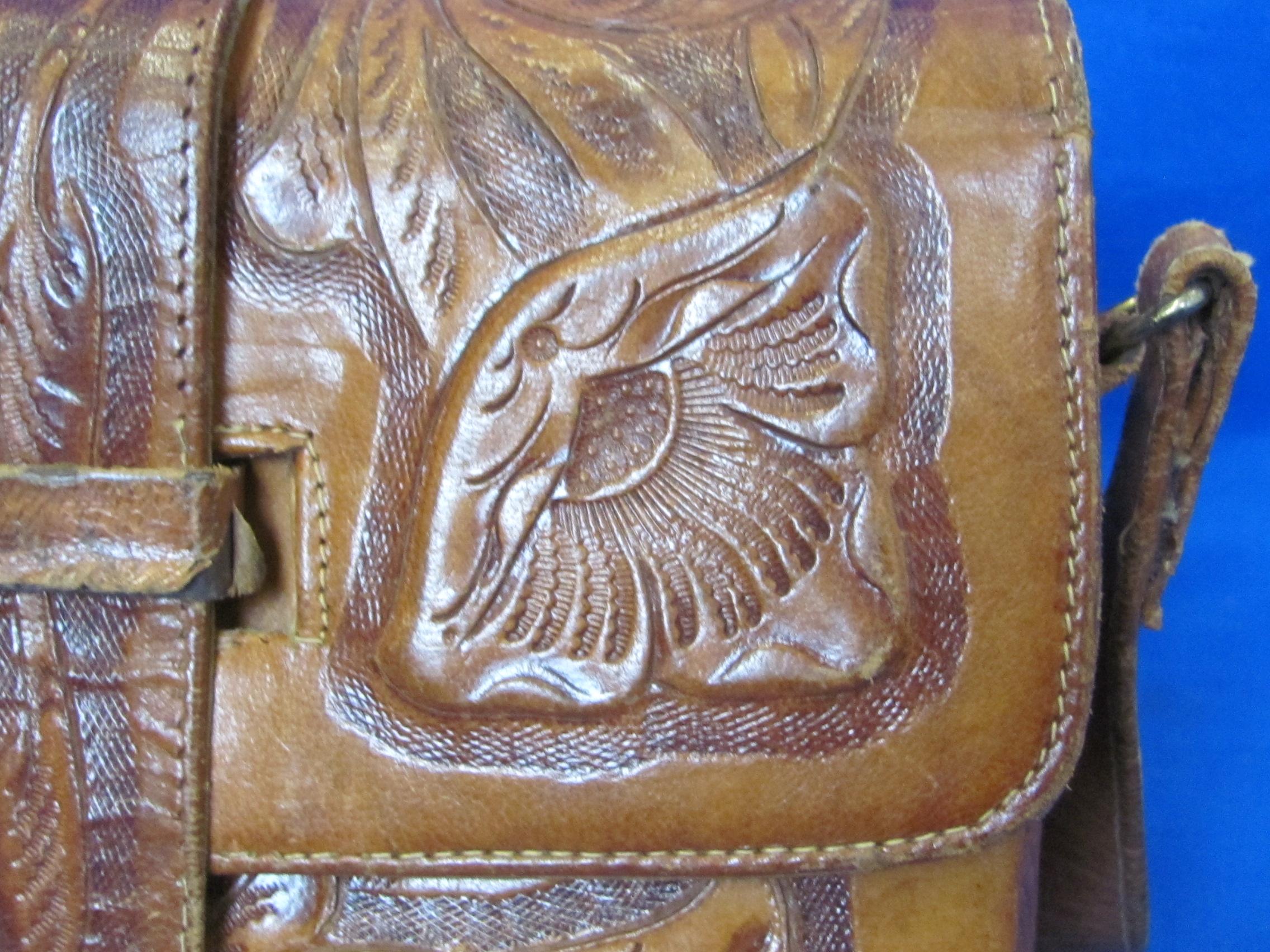Vintage Tooled Leather Purse – Floral Design – About 8 1/2” x 6 1/2” - Straps need buckle