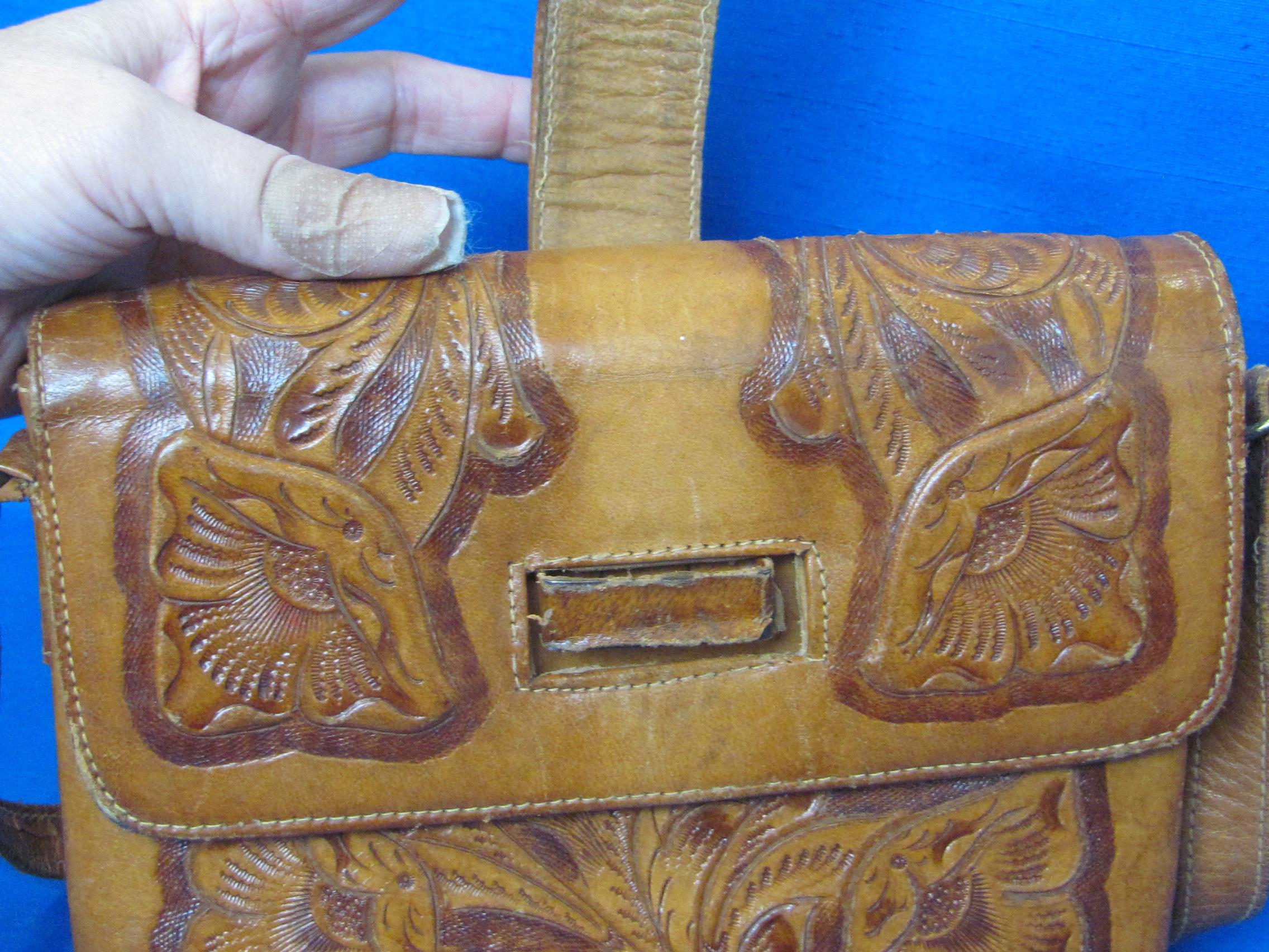 Vintage Tooled Leather Purse – Floral Design – About 8 1/2” x 6 1/2” - Straps need buckle