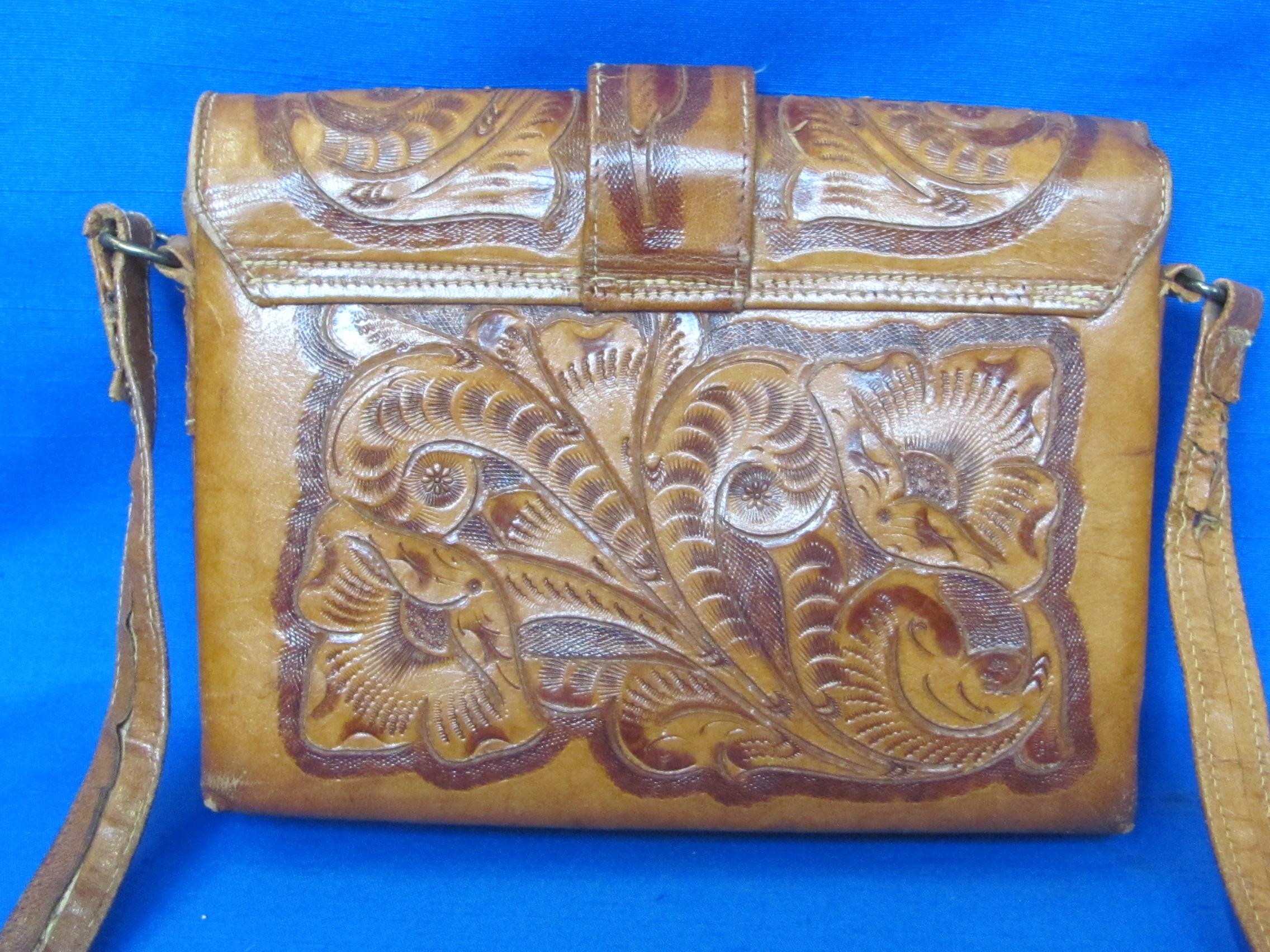 Vintage Tooled Leather Purse – Floral Design – About 8 1/2” x 6 1/2” - Straps need buckle