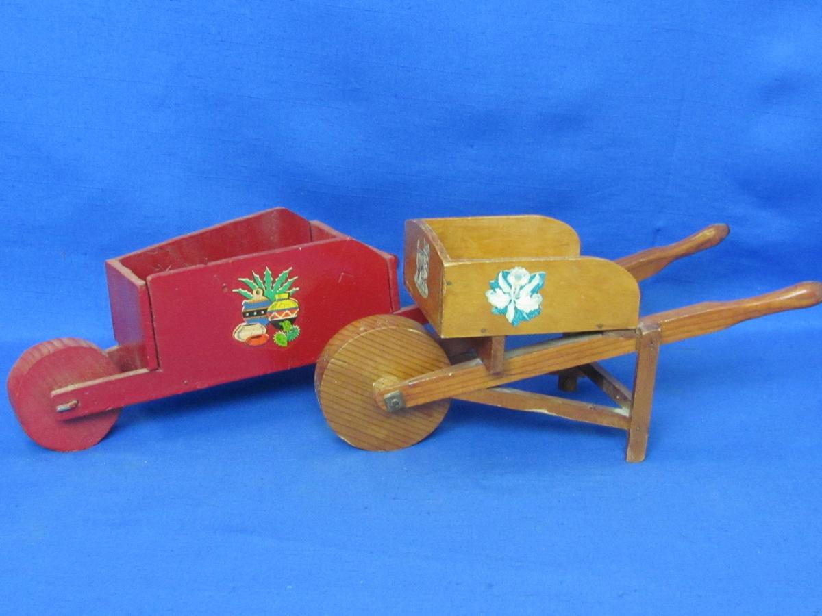 2 Decorative Wood Wheelbarrows – 1 Painted Red – Both about 10 1/2” long – Great Displays