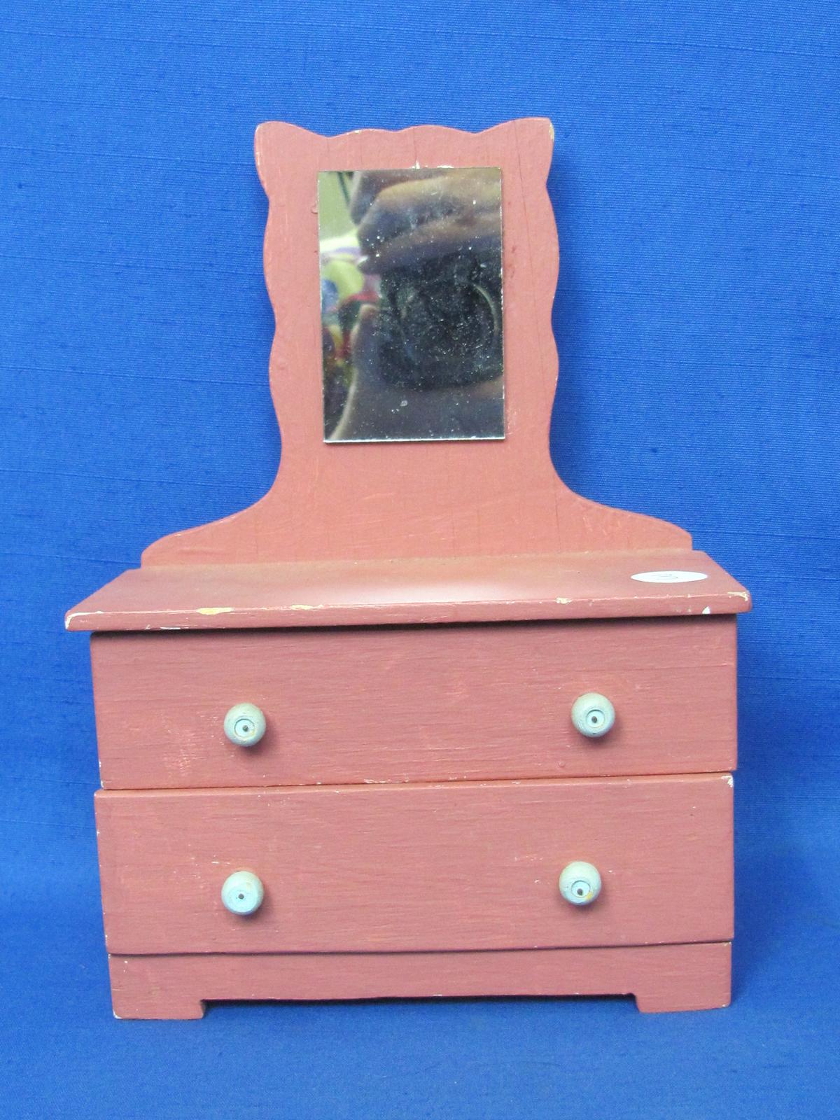 Wood Doll Dresser with 2 Drawers & a Mirror – 9” tall – 6 1/4” wide – Painted Pink