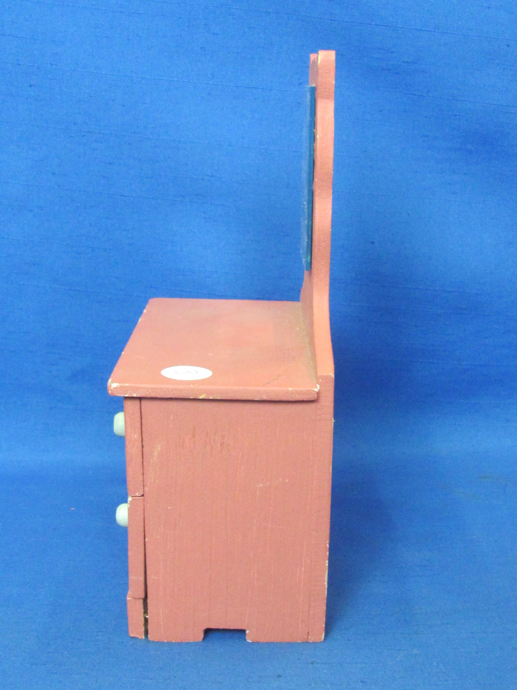 Wood Doll Dresser with 2 Drawers & a Mirror – 9” tall – 6 1/4” wide – Painted Pink