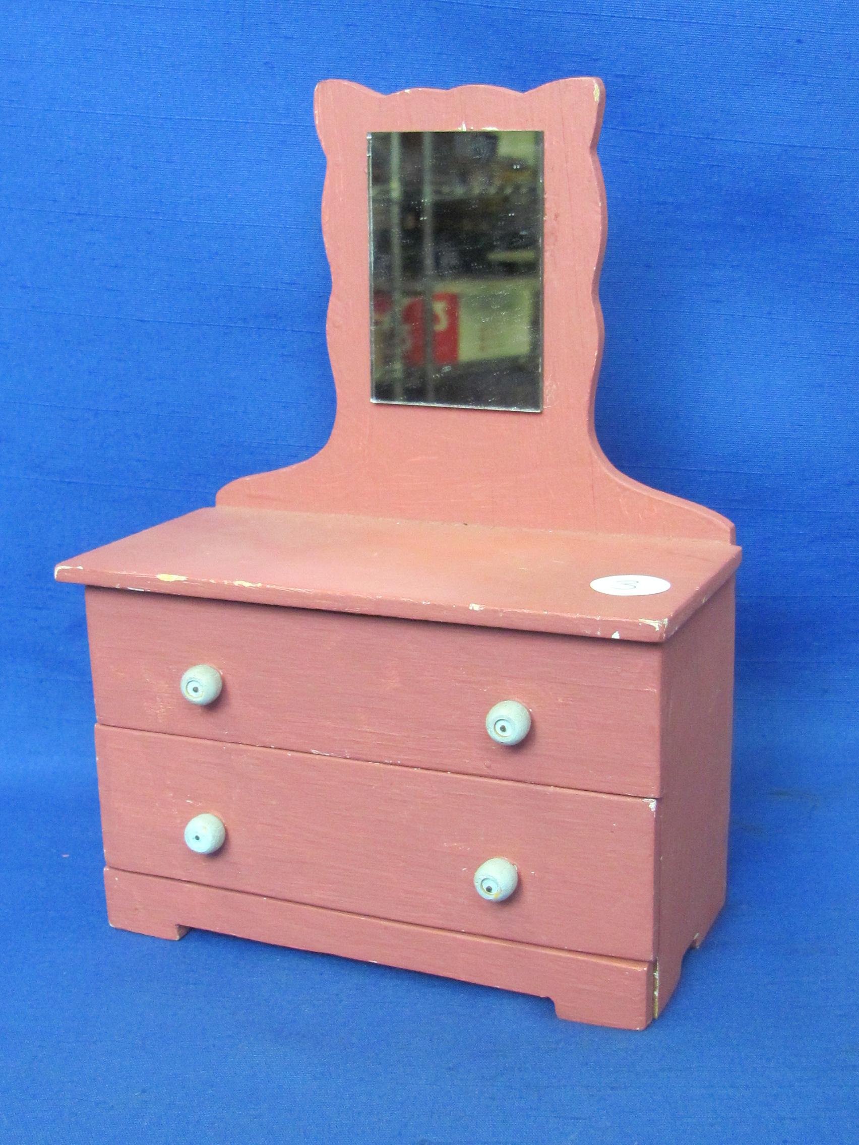 Wood Doll Dresser with 2 Drawers & a Mirror – 9” tall – 6 1/4” wide – Painted Pink