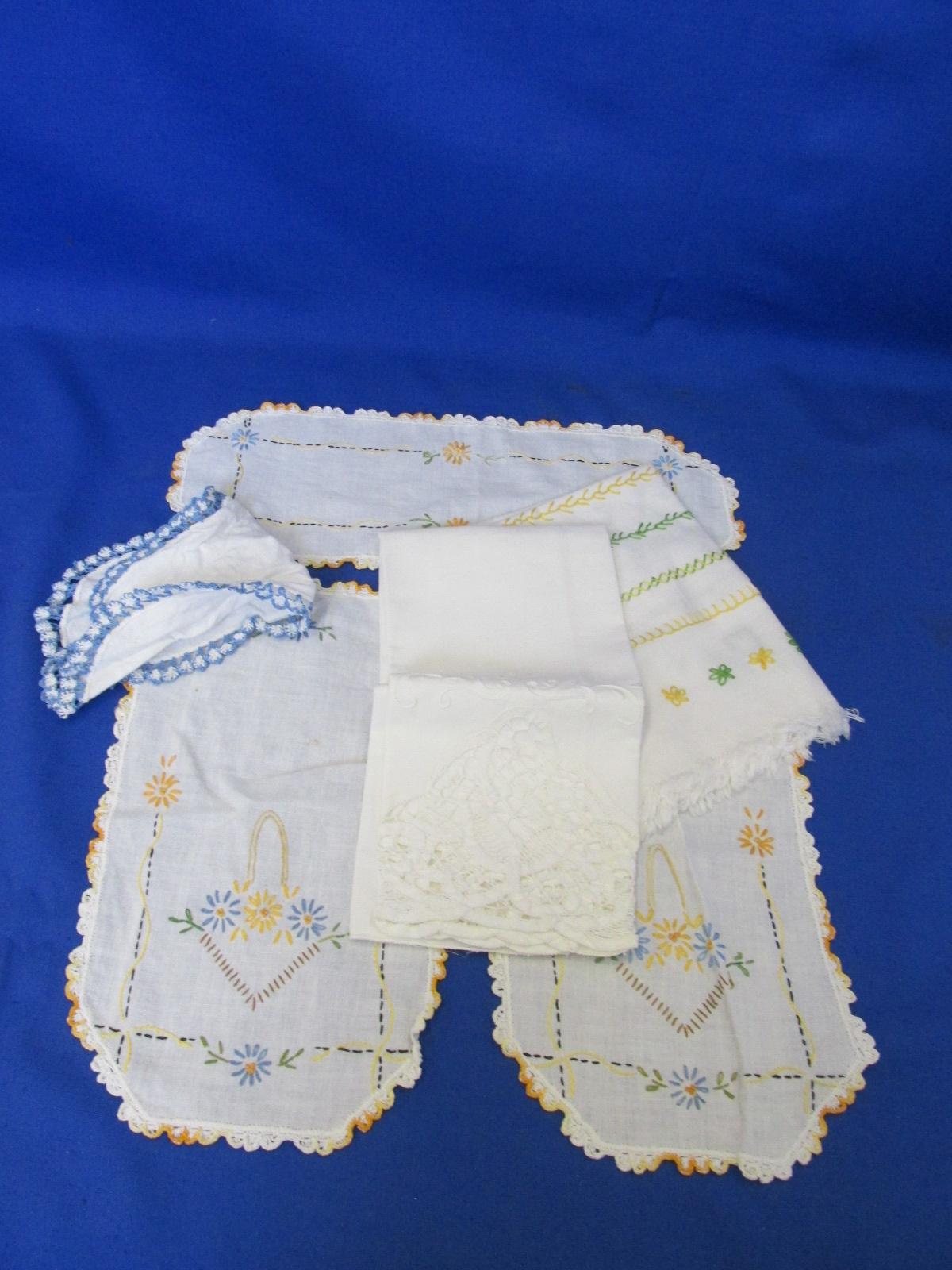 Vintage Lot Of Linens 1-White lace Applique 20”L x 13”W & 1-Embroidered 15”L x 11”W – 4 Doilies -