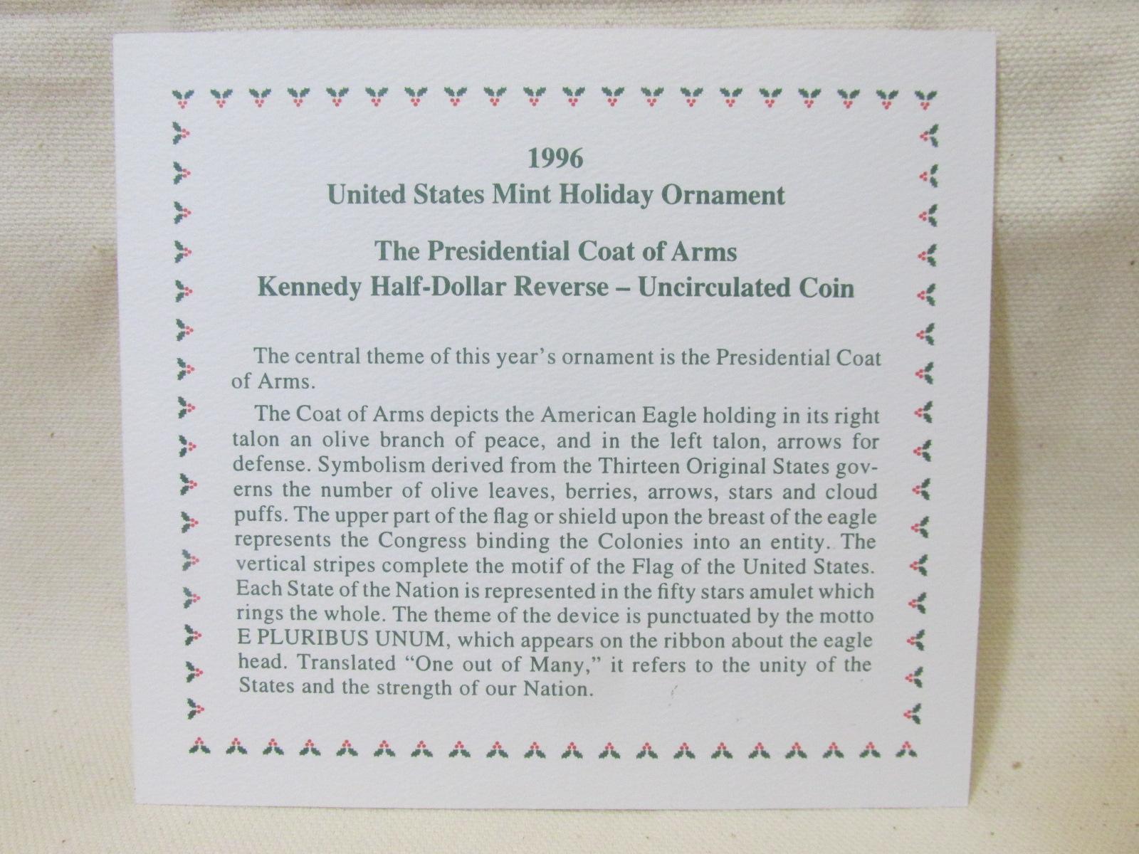 1996 US Mint Holiday Ornament - Kennedy Half Dollar