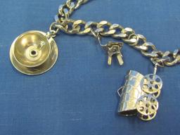 Fun Silvertone Charm Bracelet – Covered Wagon – Teapot – Harmonica – Coffee Pot & more