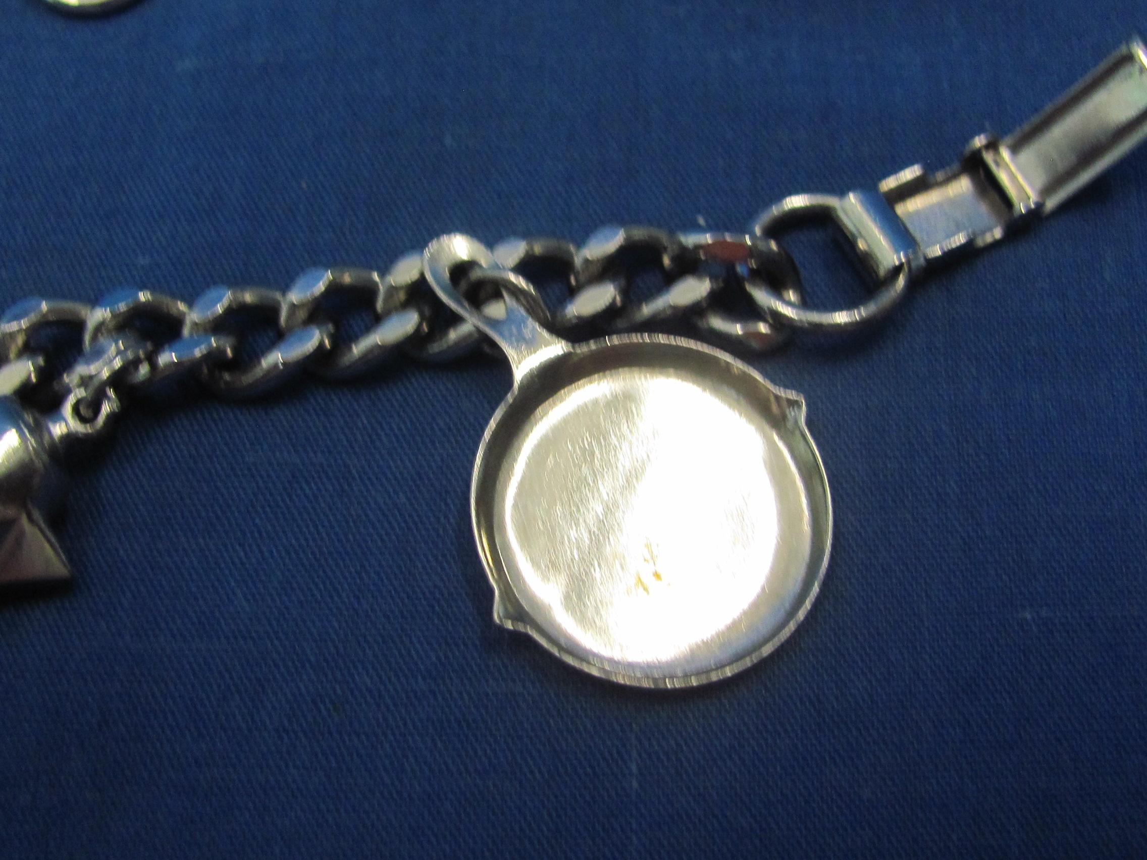 Fun Silvertone Charm Bracelet – Covered Wagon – Teapot – Harmonica – Coffee Pot & more