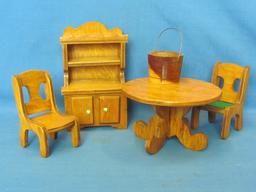 Wood Doll Furniture – Table & 2 Chairs – Hutch & Pail – Hutch is 6 1/8” tall