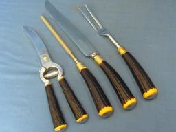 4 Piece Carving Set with Antler Look Handles – Knife marked “Westall Richardson Sheffield