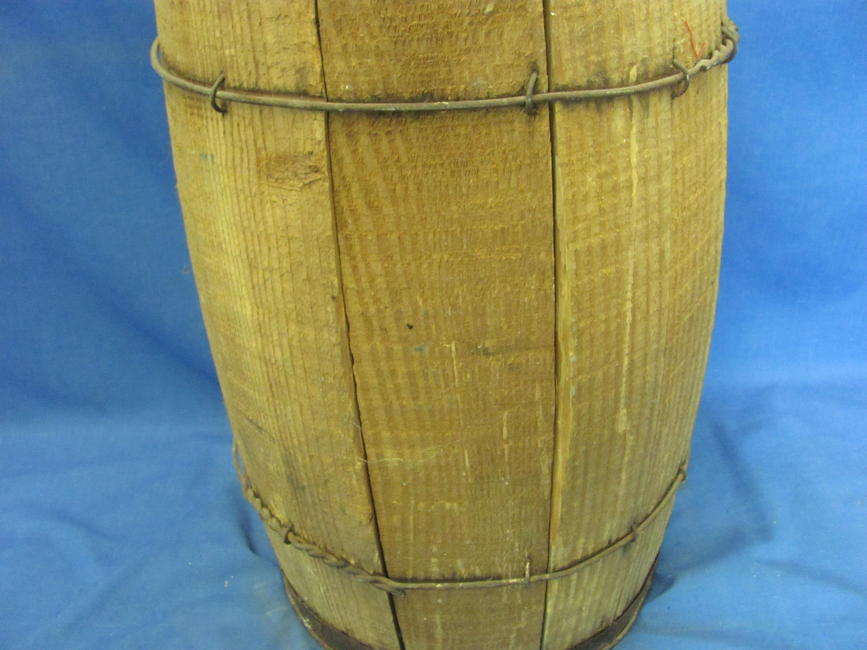 Wood Nail Keg With Metal Straps/Wire – 18 1/4” T – Wood Slabs Are Loose