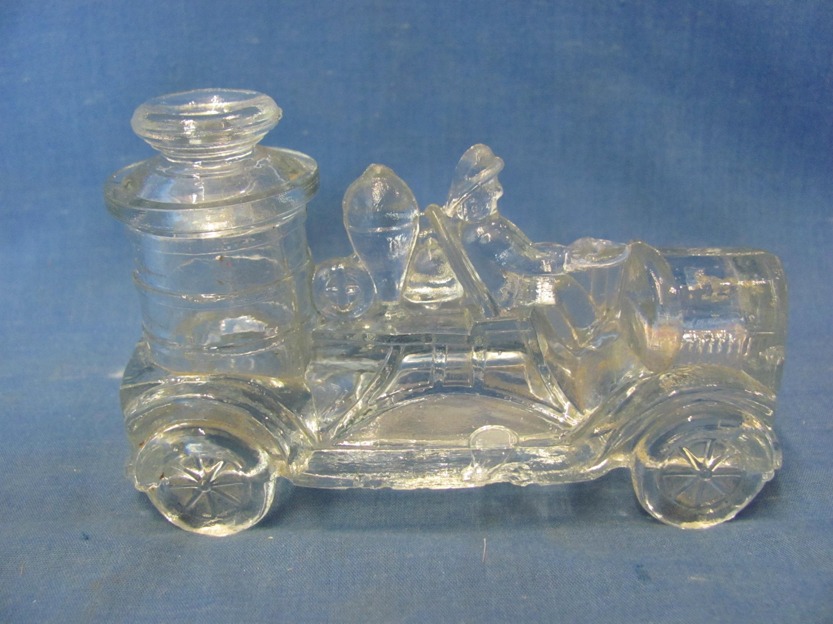 Glass Candy Firetruck & Dog Containers – Truck 4 1/4” L – Dog 2 7/8” T – As Shown