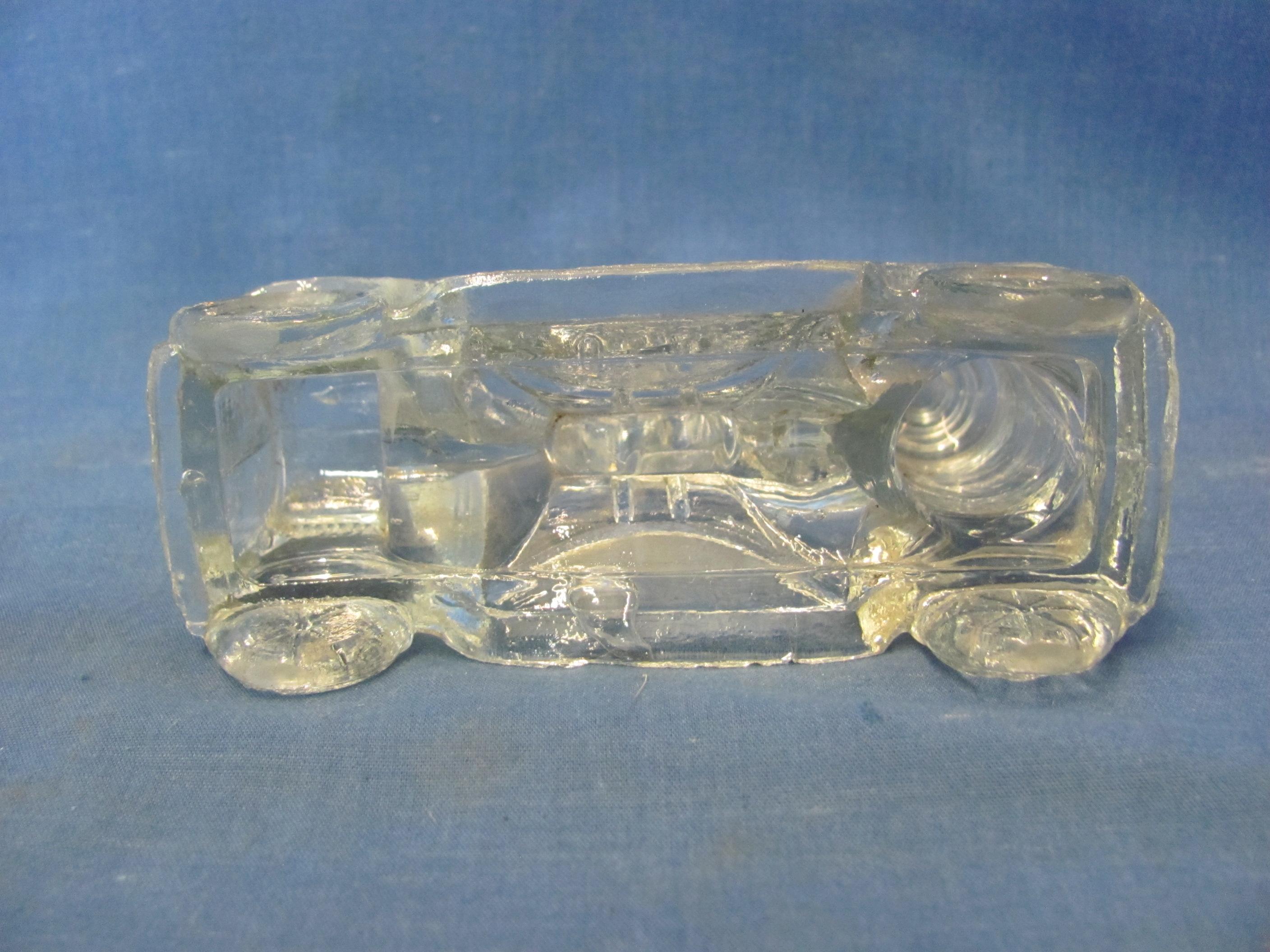 Glass Candy Firetruck & Dog Containers – Truck 4 1/4” L – Dog 2 7/8” T – As Shown