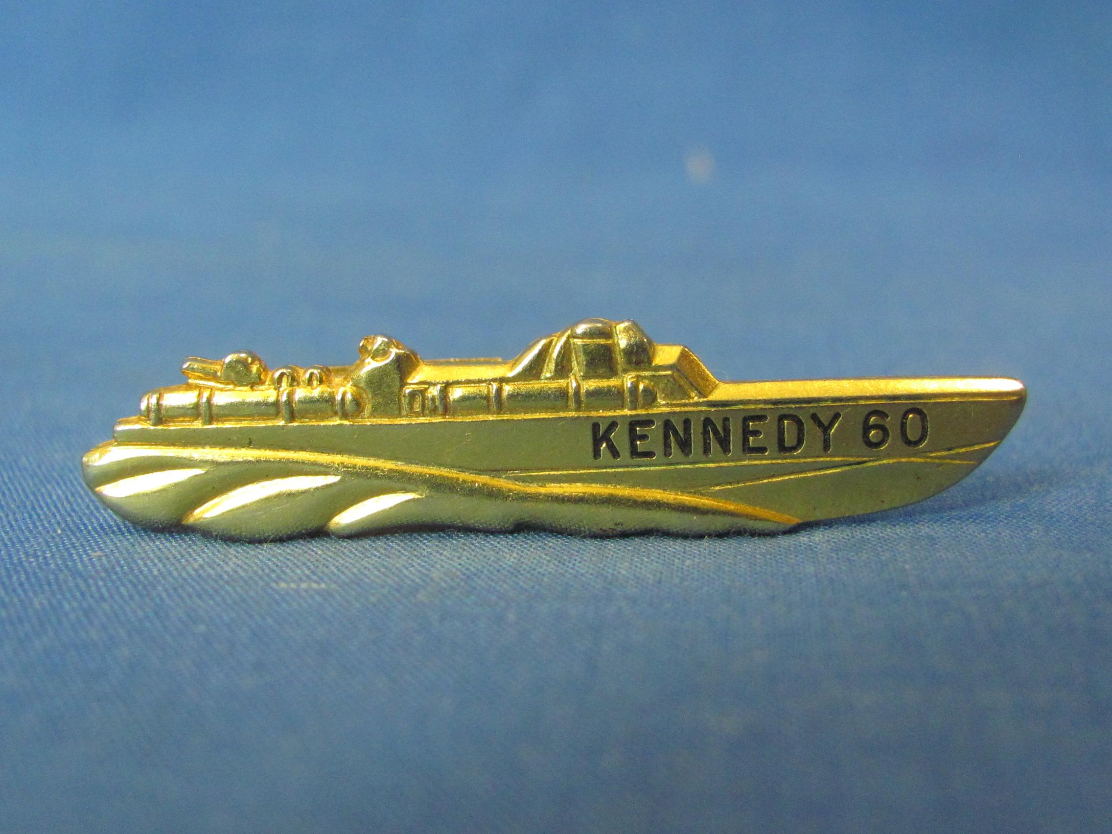 JFK Kennedy 60 Tie Clasp – Goldtone Figural PT Boat – 1 3/4” long – Good condition