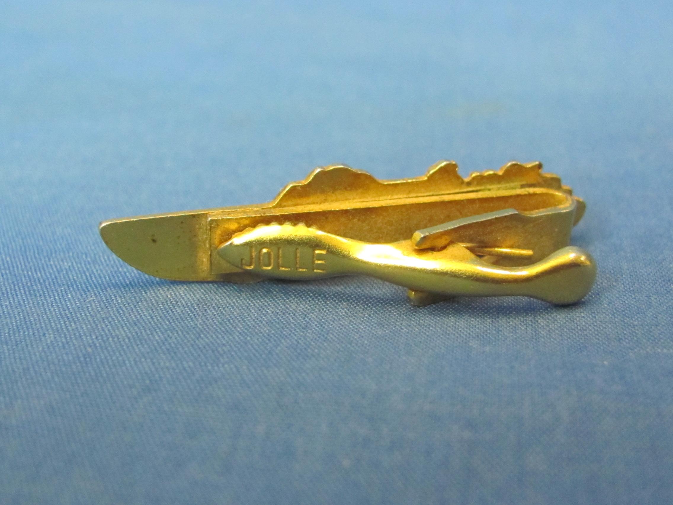 JFK Kennedy 60 Tie Clasp – Goldtone Figural PT Boat – 1 3/4” long – Good condition