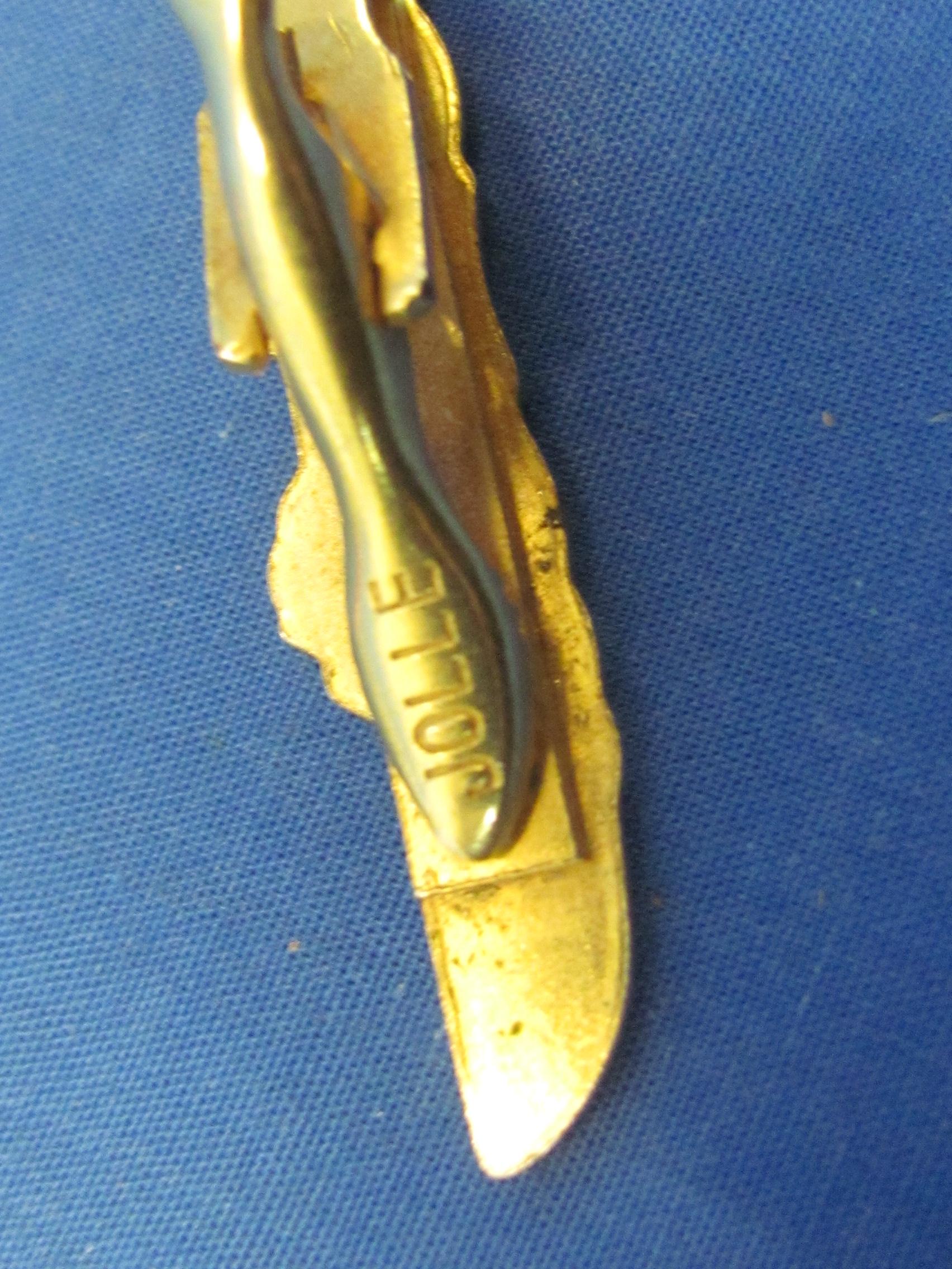 JFK Kennedy 60 Tie Clasp – Goldtone Figural PT Boat – 1 3/4” long – Good condition