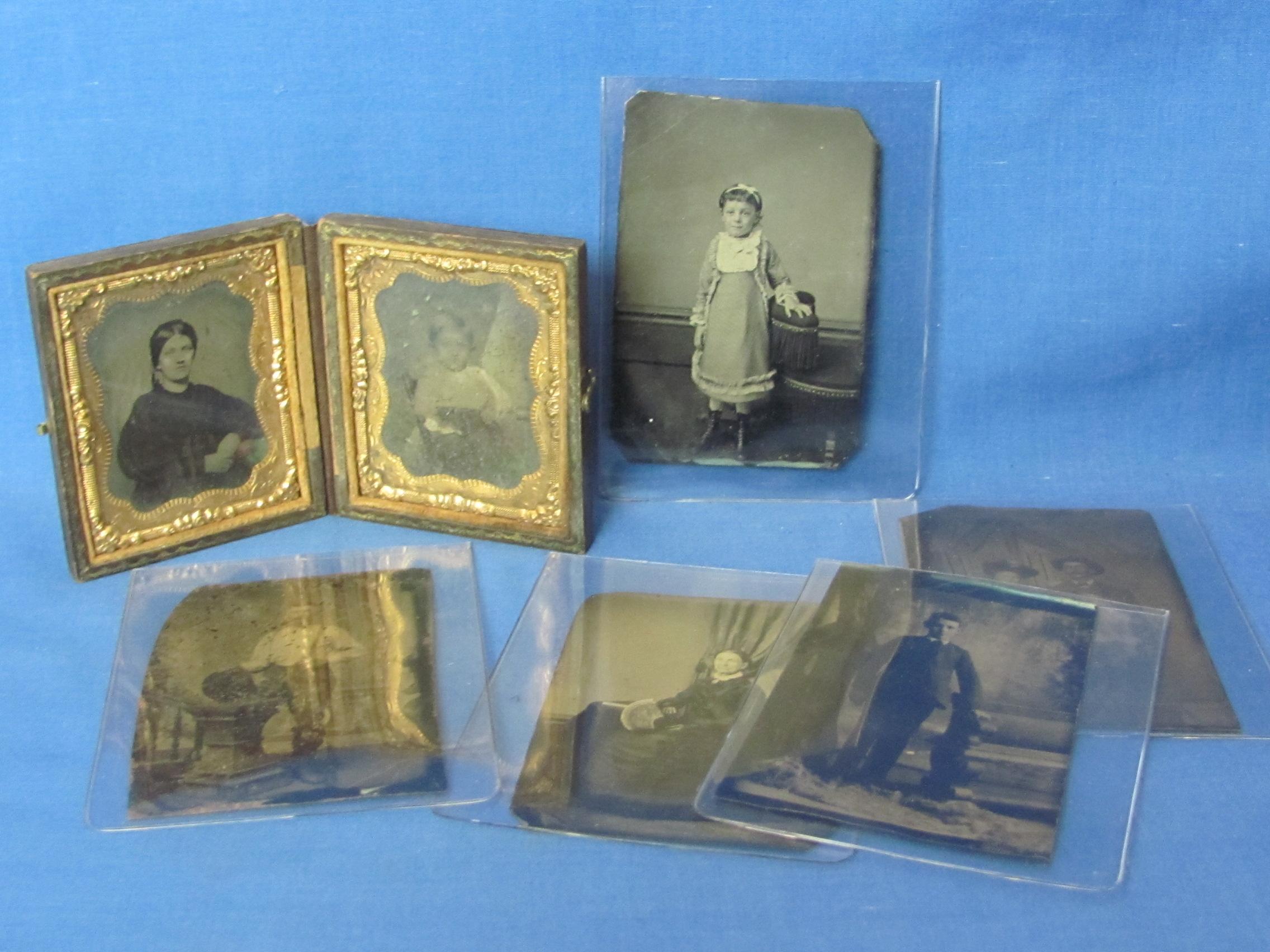 7 Tin Type Photographs – 2 in Brown Case – About 3 1/2” long – Condition varies – As shown