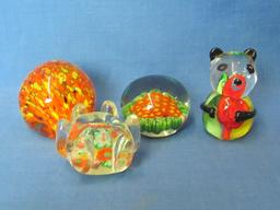 Lot of 4 Small Glass Paperweights – 1 Animal, Bear? Tallest is 2 1/4” - Good condition