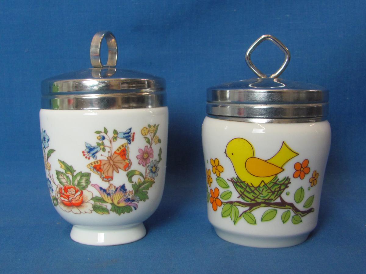 2 Egg Coddlers – Cottage Garden by Aynsley – Unmarked with Yellow Bird – 4 1/4” tall