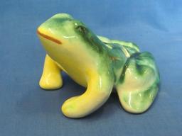 Pottery Frog which is a Flower Frog – Green & Yellow – About 4” long – No chips but some crazing