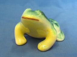 Pottery Frog which is a Flower Frog – Green & Yellow – About 4” long – No chips but some crazing