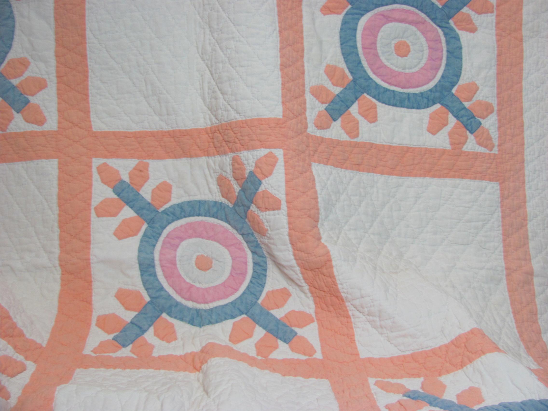 Handmade Quilt – Peach with Pastel Colors – Measures 68” x 80” - Some wear & tear