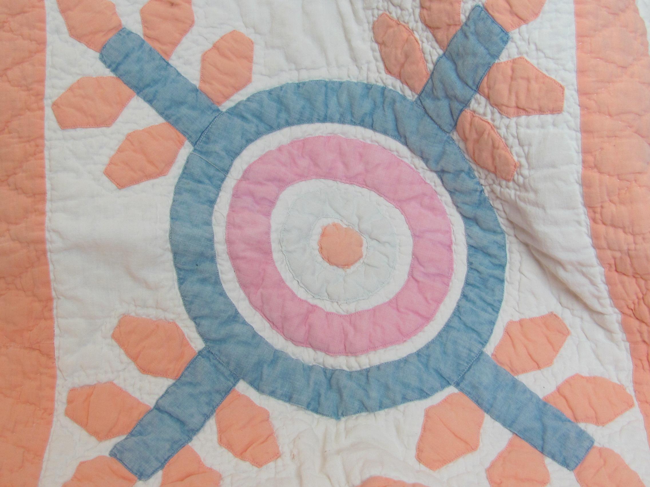 Handmade Quilt – Peach with Pastel Colors – Measures 68” x 80” - Some wear & tear