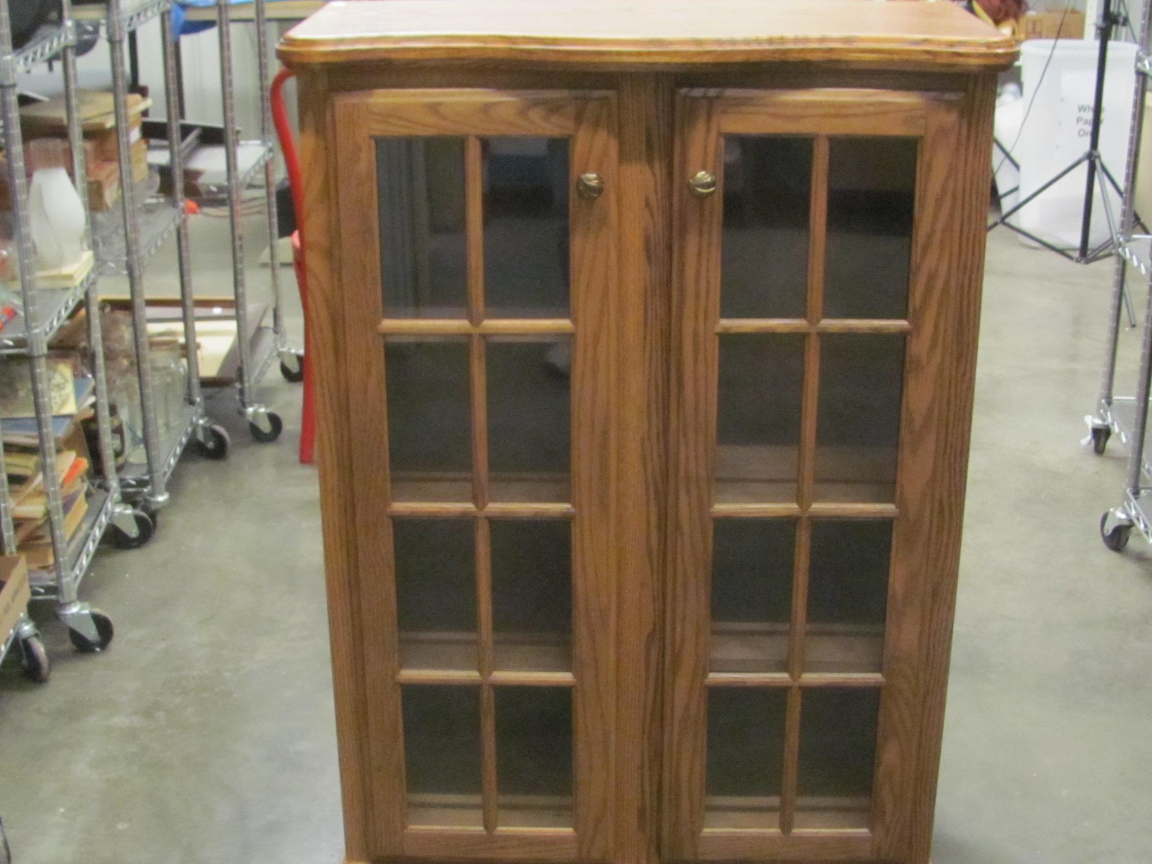 Oak Cabinet With Glass Doors – 8 Shelves – 14” x 32” - 44” T – Missing One Shelf