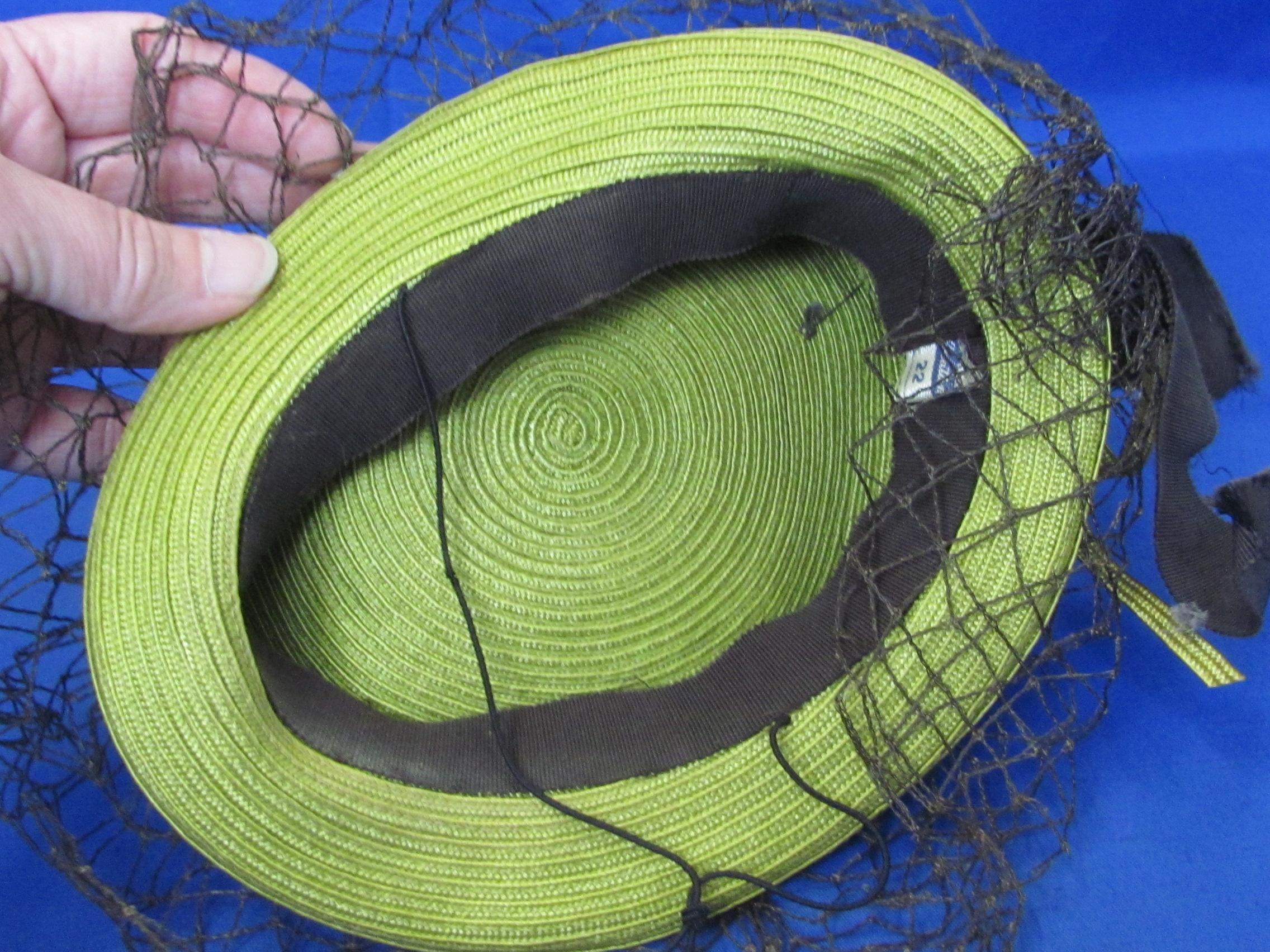 2 Antique Hats – Large Black w Velvet Beading & Feathers – Small Child's in Green with Netting