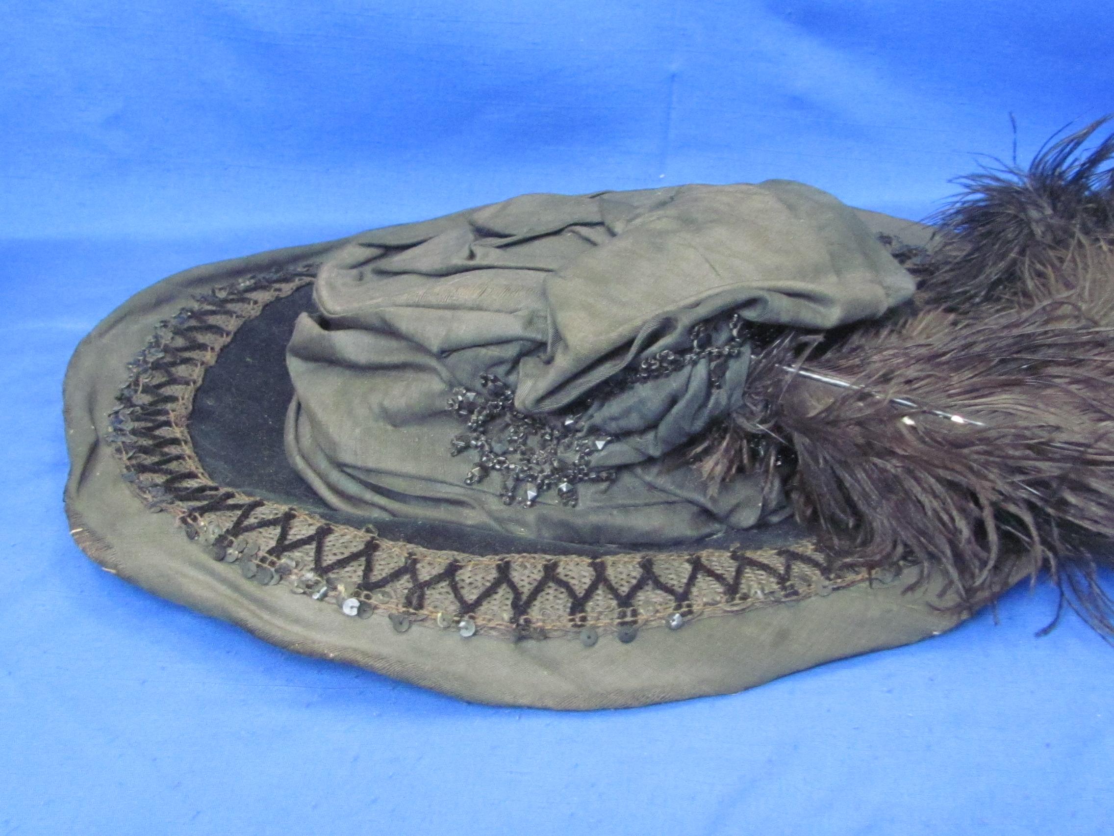 2 Antique Hats – Large Black w Velvet Beading & Feathers – Small Child's in Green with Netting