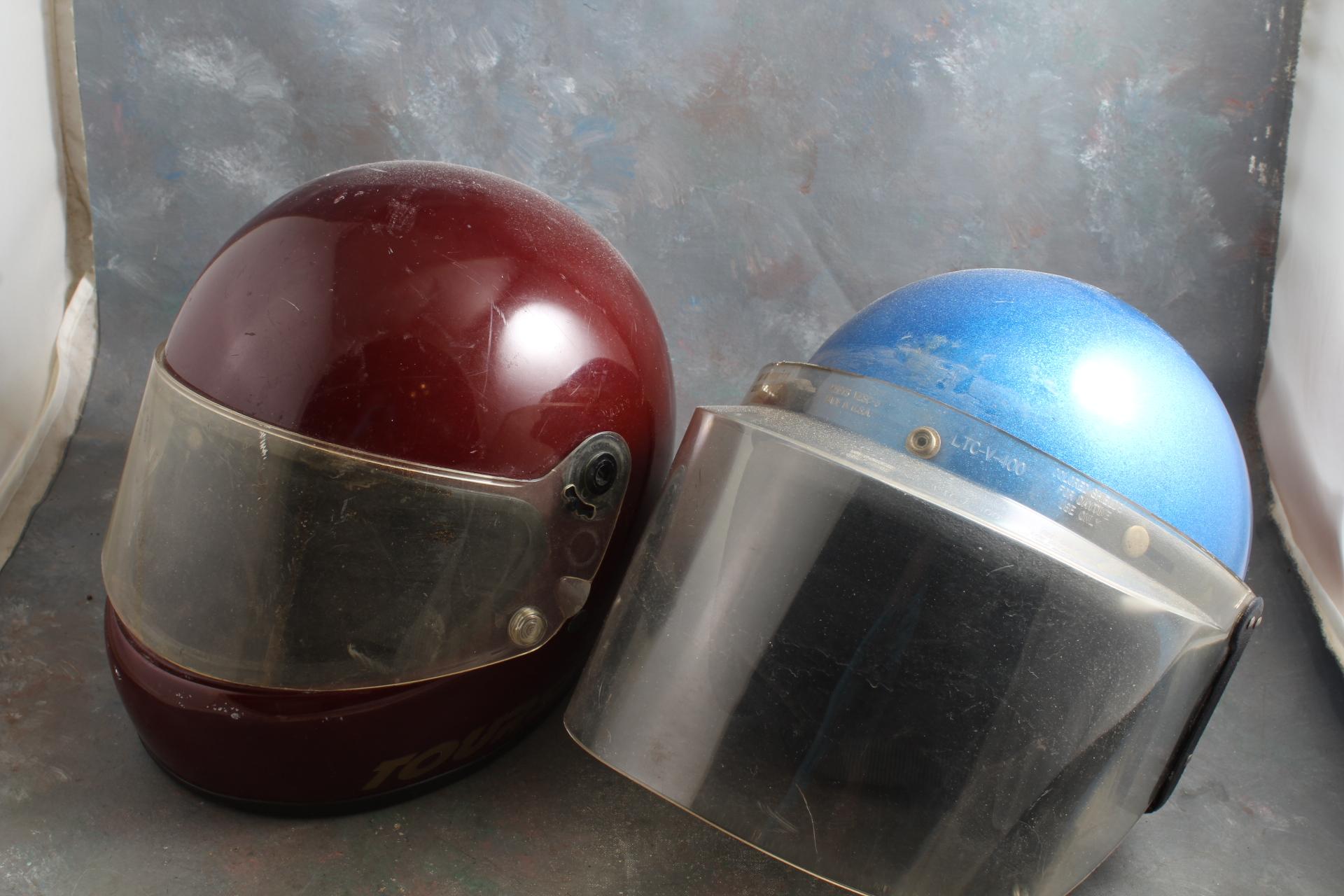2 Vintage Motorcycle Helmets 1 is Blue Sparkle & 1 Bell Tour Star Size 7 1/8"
