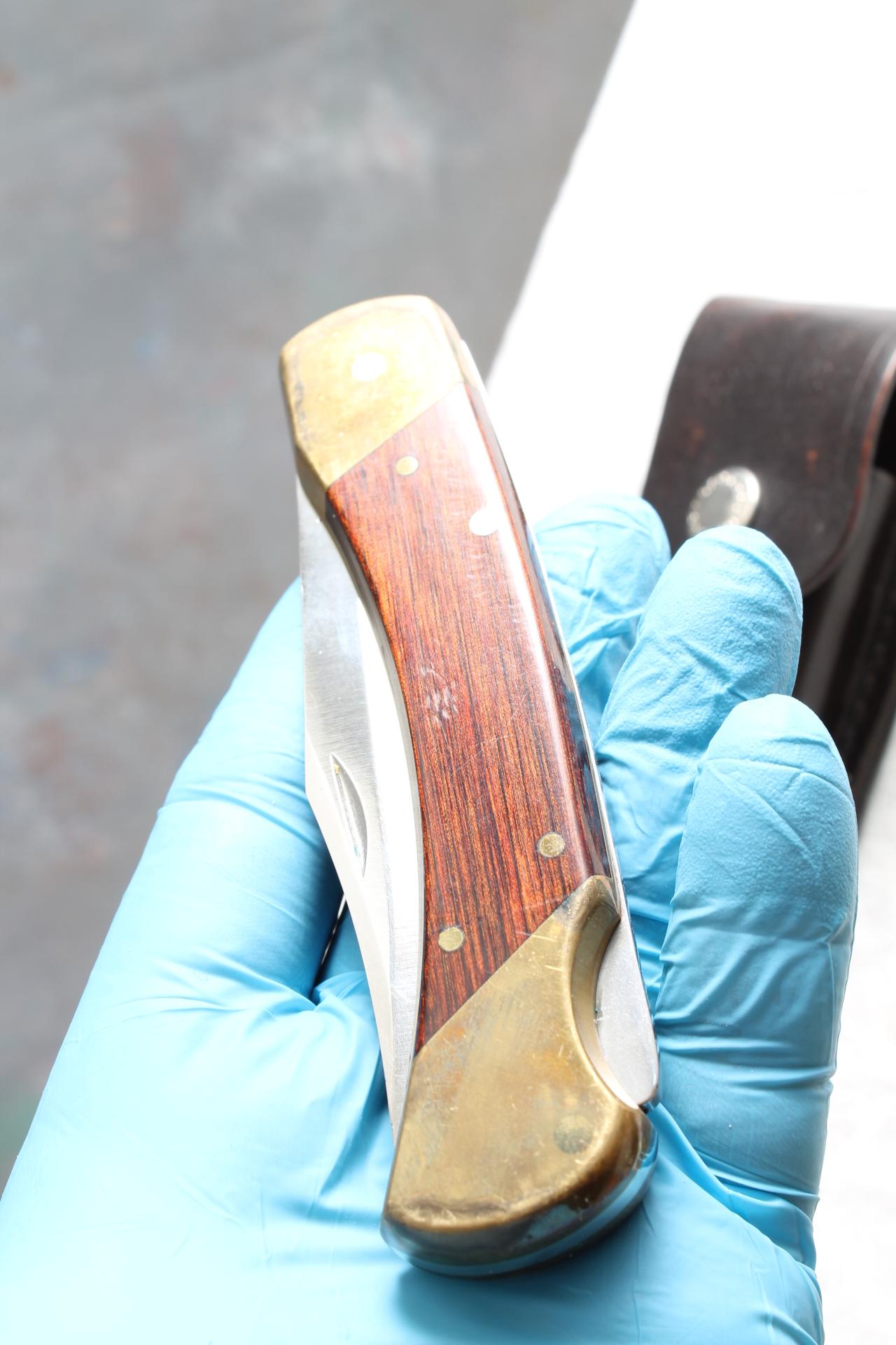 Vintage SCHRADE+ USA LB7 Folding Knife Brass & Wood Handle Leather Sheath