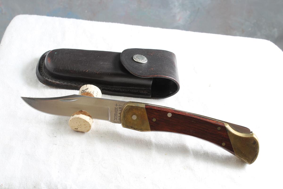 Vintage SCHRADE+ USA LB7 Folding Knife Brass & Wood Handle Leather Sheath