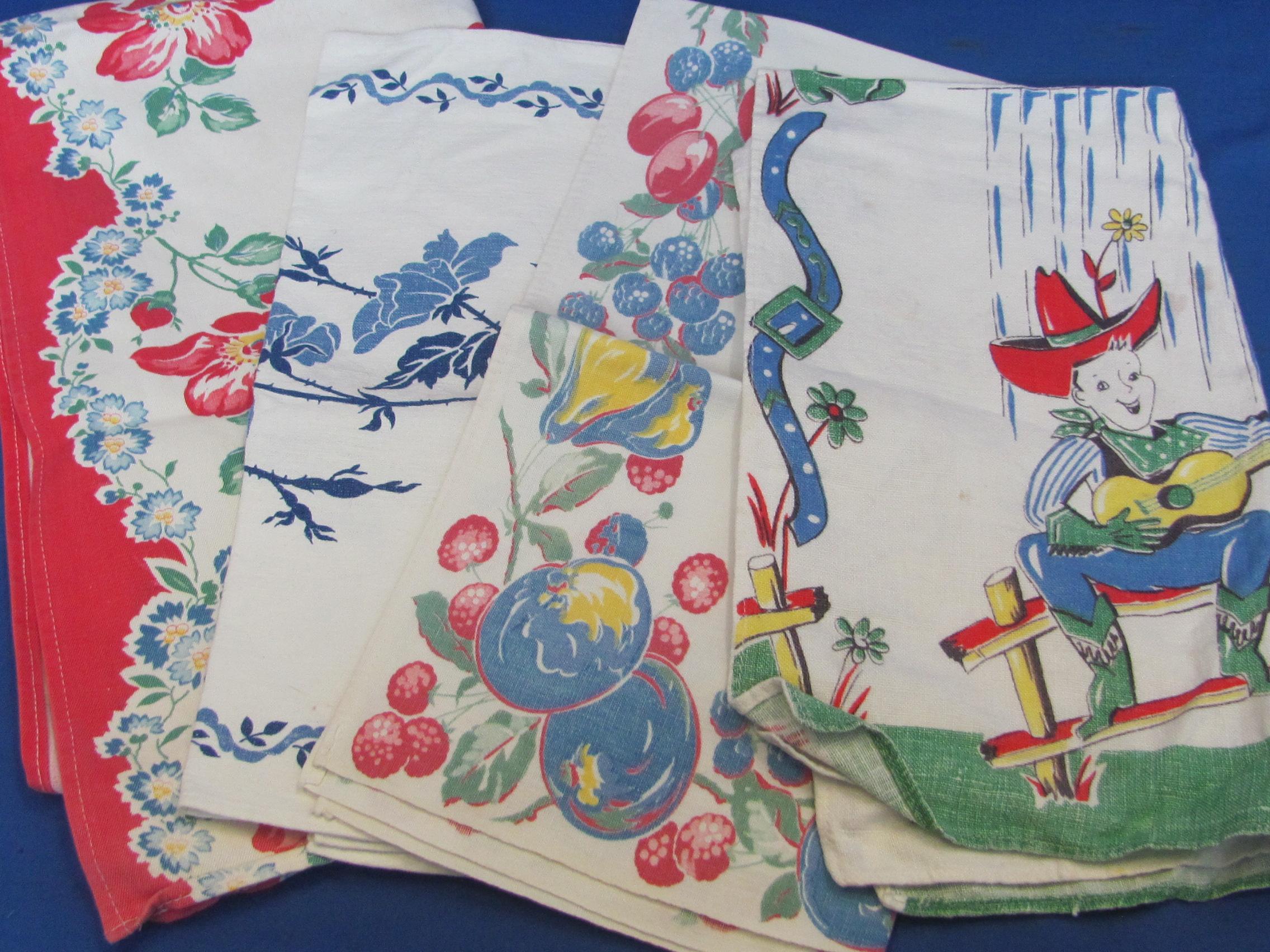 4 Vintage Kitchen Towels – 3 are Floral – 1 has a Cowboy Courting Scene (Slightly Faded)