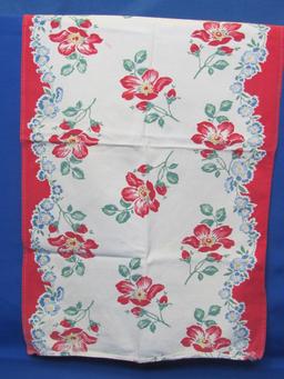 4 Vintage Kitchen Towels – 3 are Floral – 1 has a Cowboy Courting Scene (Slightly Faded)