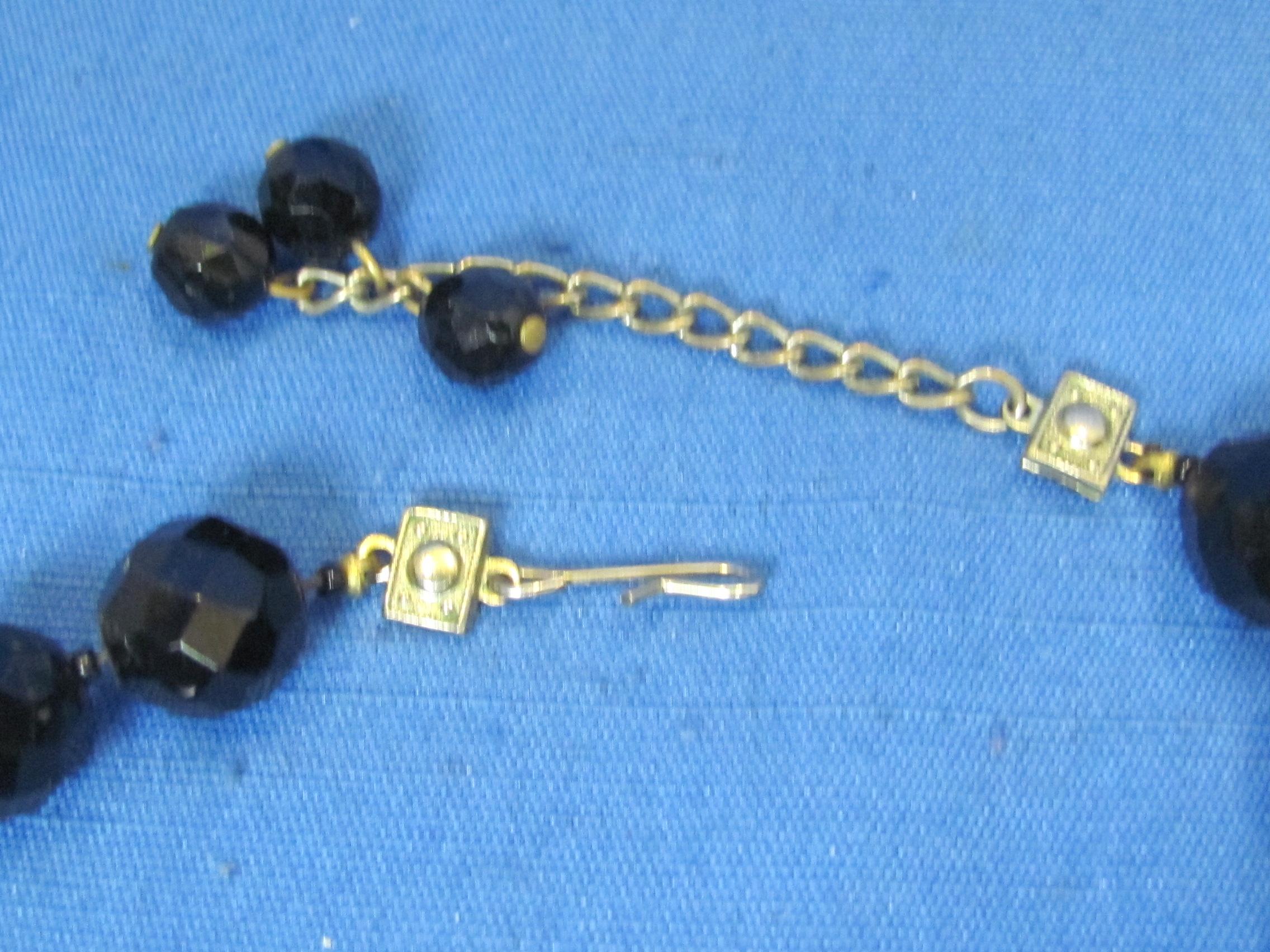 2 Vintage Hat Pins – 1 w Rhinestones (missing  2) – Black Glass Beaded Necklaces – 16” long