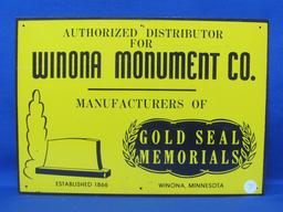 Metal Enamel? Sign “Winona Monument Co.” Gold Seal Memorials – 14” x 10”