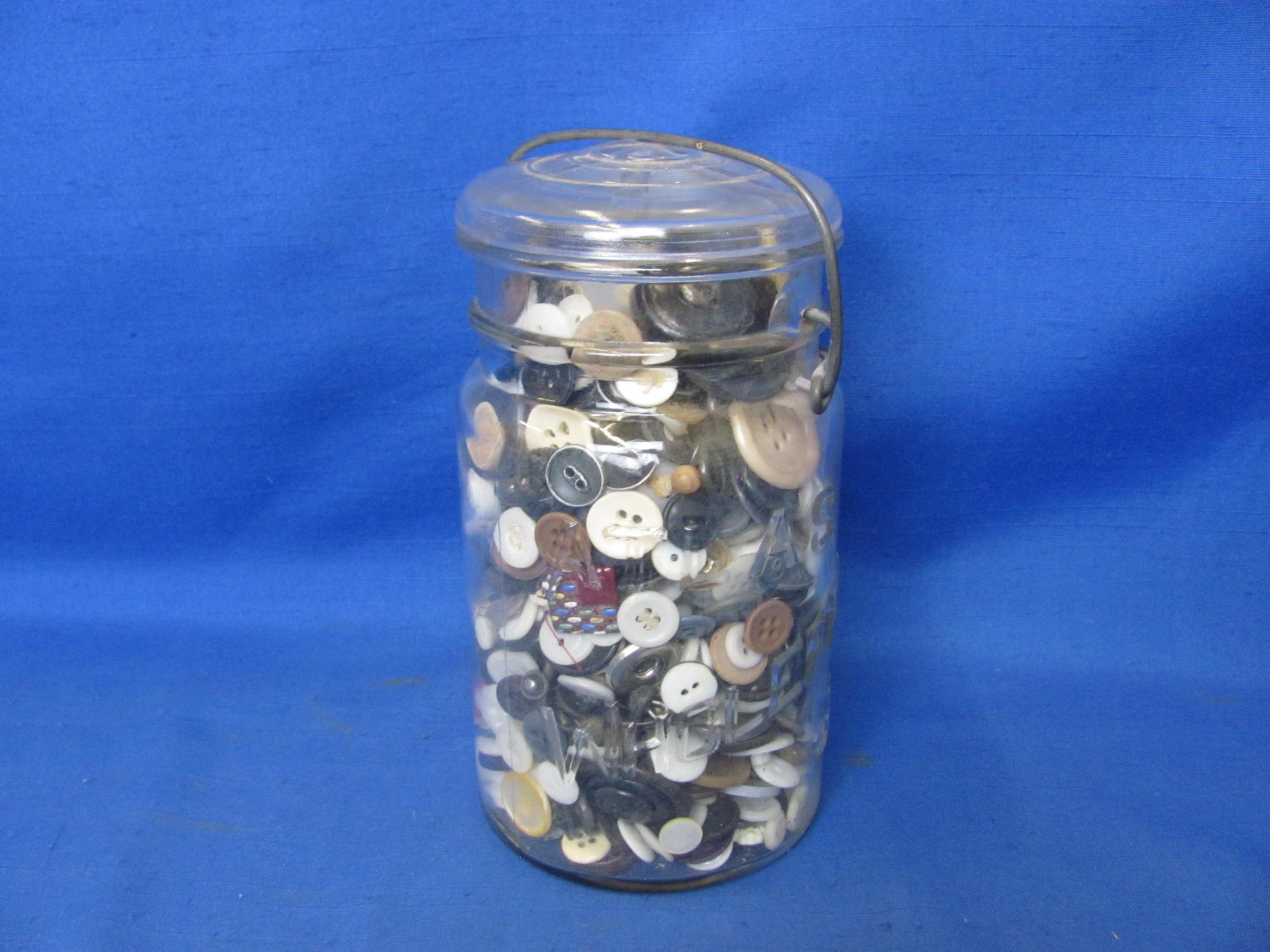 Buttons In Atlas Wholefruit Jar – Embossed Print & 7” T – As Shown