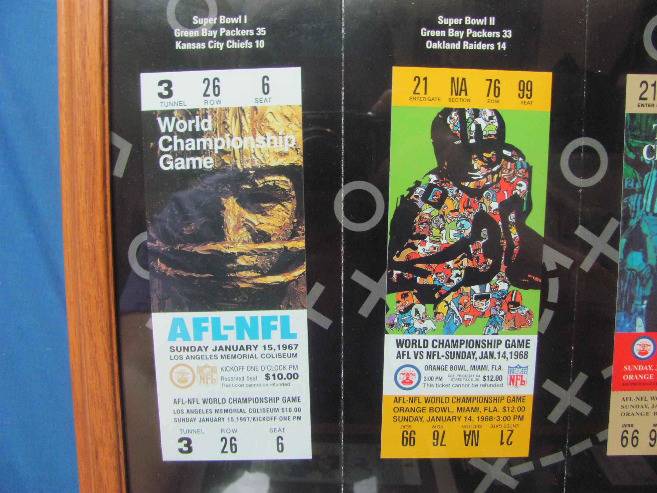 Framed Collection of late 1990s Phone Cards Replicating Super Bowl Tickets