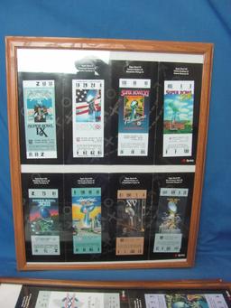 Framed Collection of late 1990s Phone Cards Replicating Super Bowl Tickets