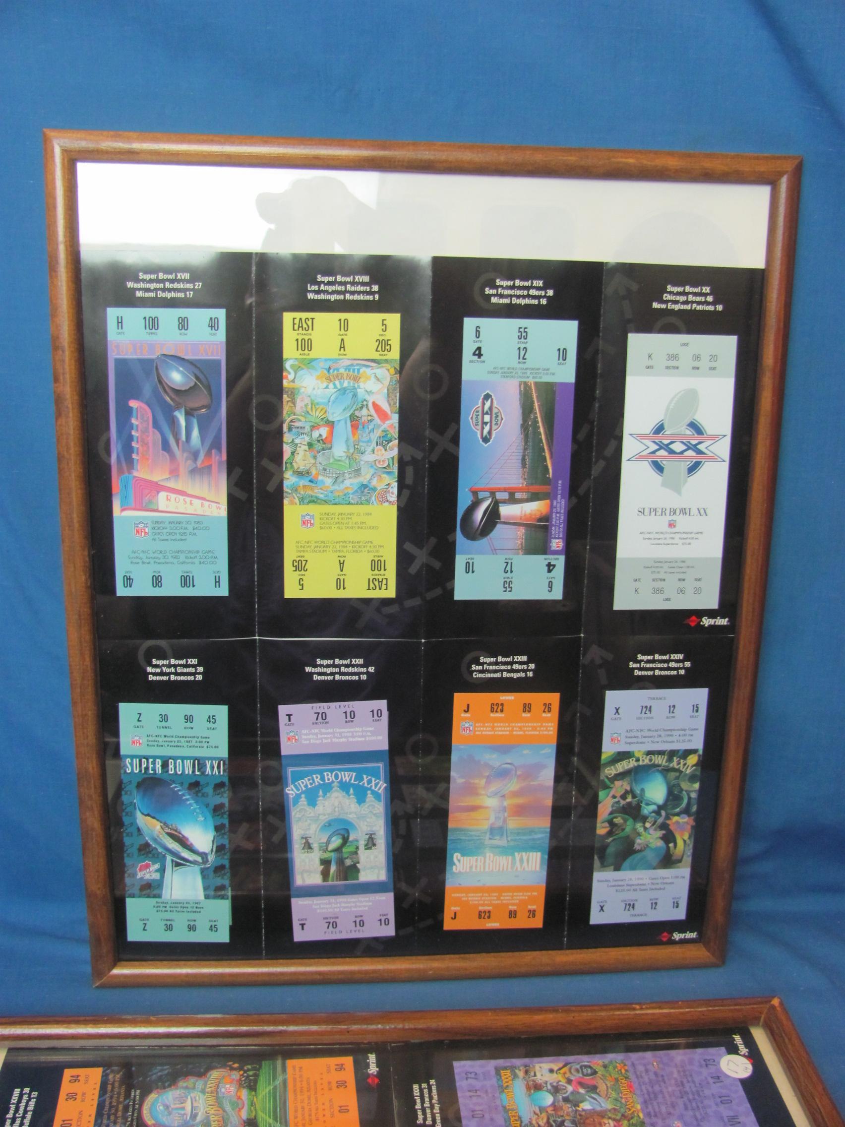 Framed Collection of late 1990s Phone Cards Replicating Super Bowl Tickets